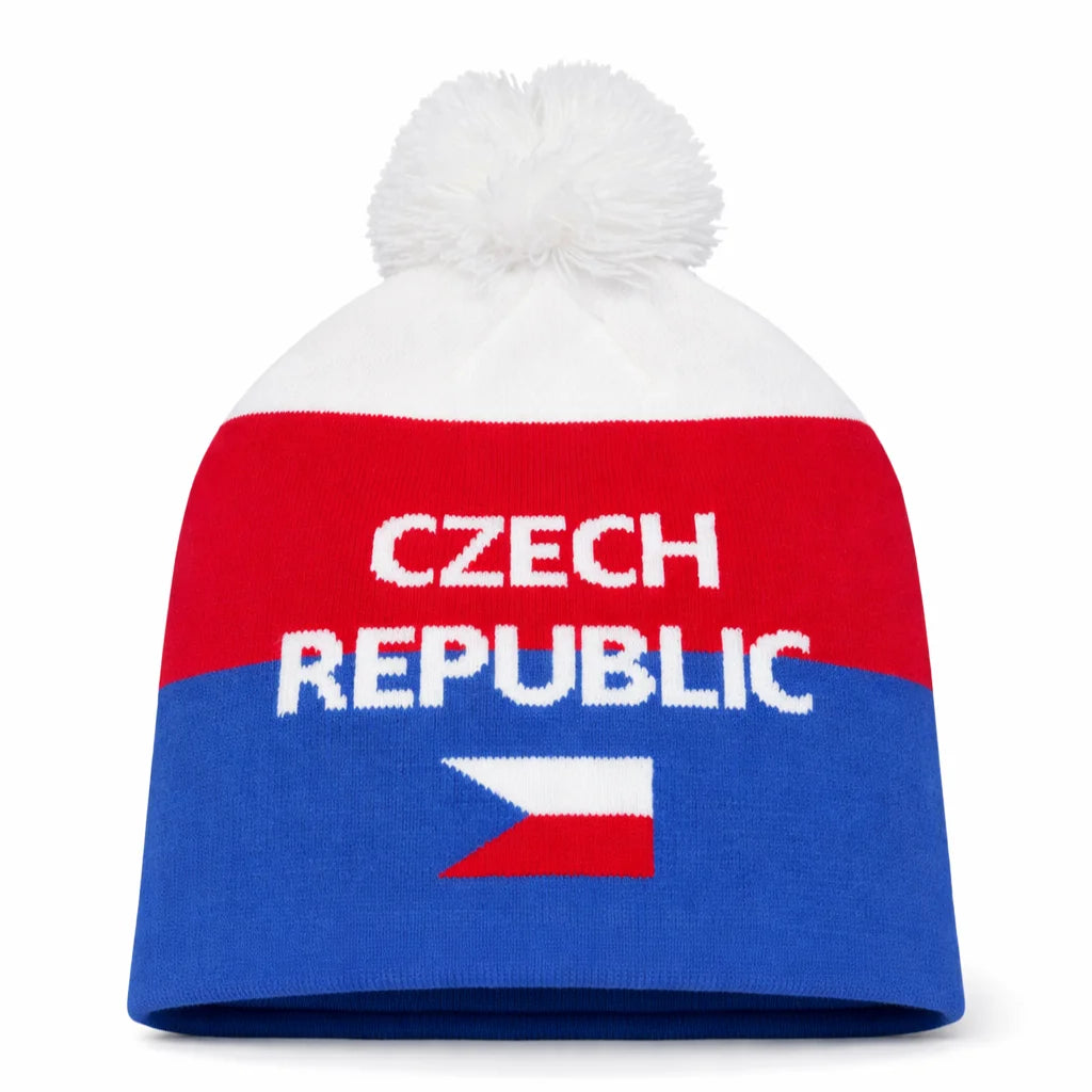 ZIMNÍ PLETENÁ ČEPICE CZECH REPUBLIC s bambulí v národních barvách – fanouškovská čepice