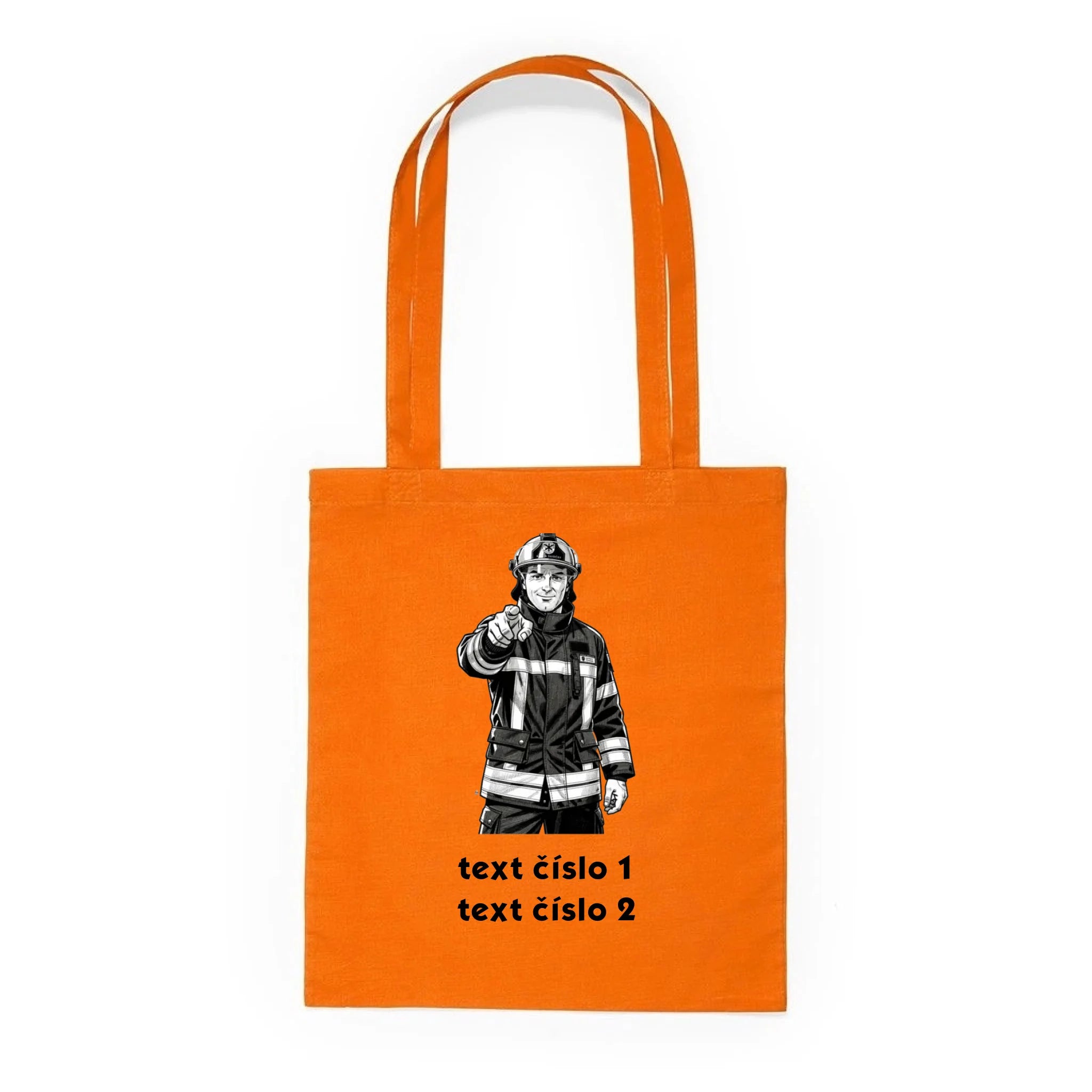 BATOH nebo TAŚKA s motivem HASIČI (výběr z 10+ obrázků, možnost doplnit vlastní texty) Plátěná taška KNOLL oranžová 36x40