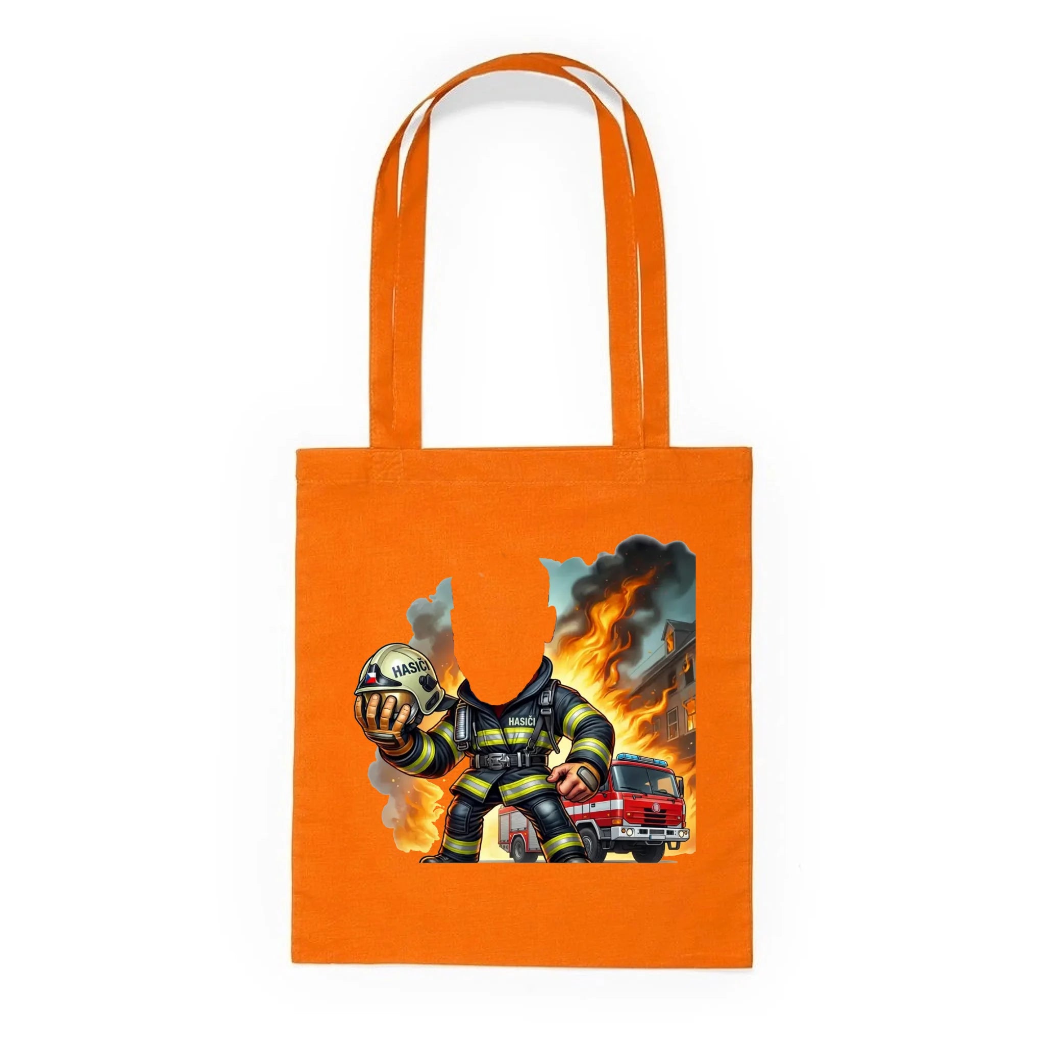 BATOH nebo TAŠKA s motivem HASIČ (s vlastní fotkou) Plátěná taška KNOLL oranžová 36x40