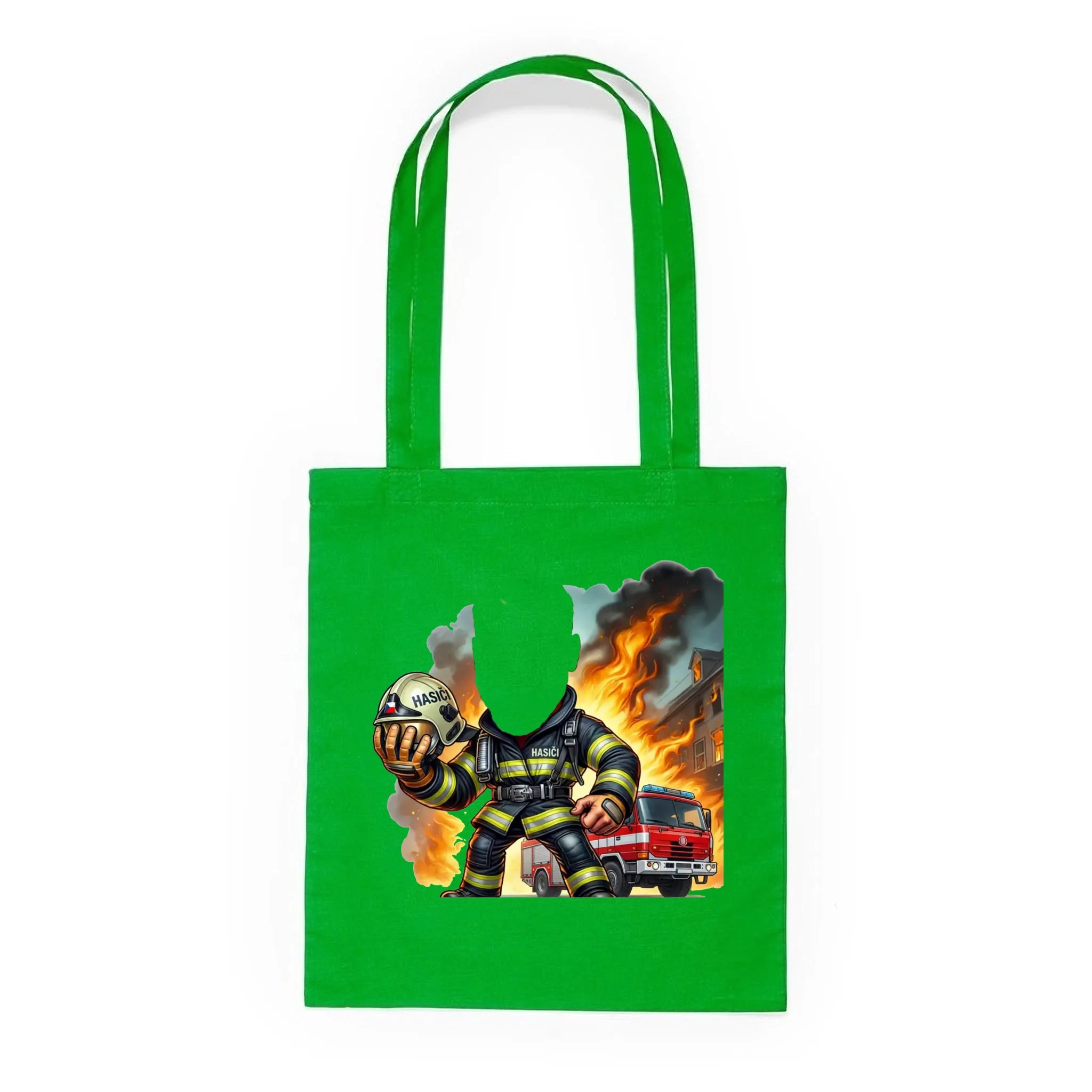 BATOH nebo TAŠKA s motivem HASIČ (s vlastní fotkou) Plátěná taška KNOLL zelená 36x40