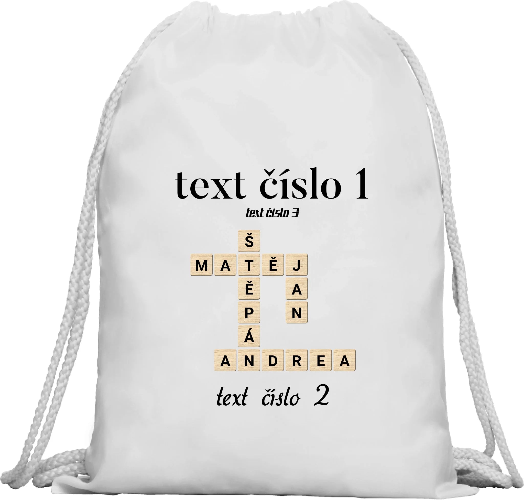 BATOH nebo TAŠKA s motivem SCRABLE (vložíte jména, doplníte texty) Multifunkční batoh KAGU bílá 35x45 cm