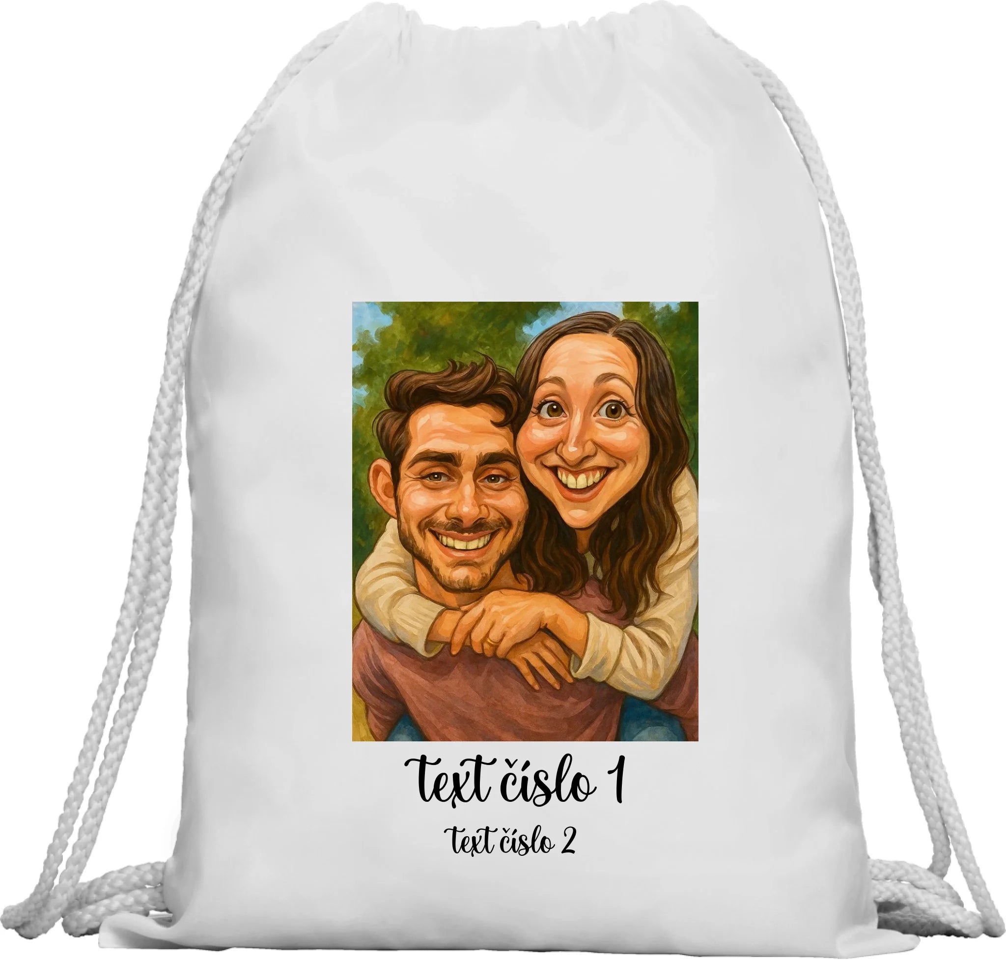 BATOH nebo TAŠKA s motivem KARIKATURA (vložíte fotku a texty) Multifunkční batoh KAGU bílá 35x45 cm