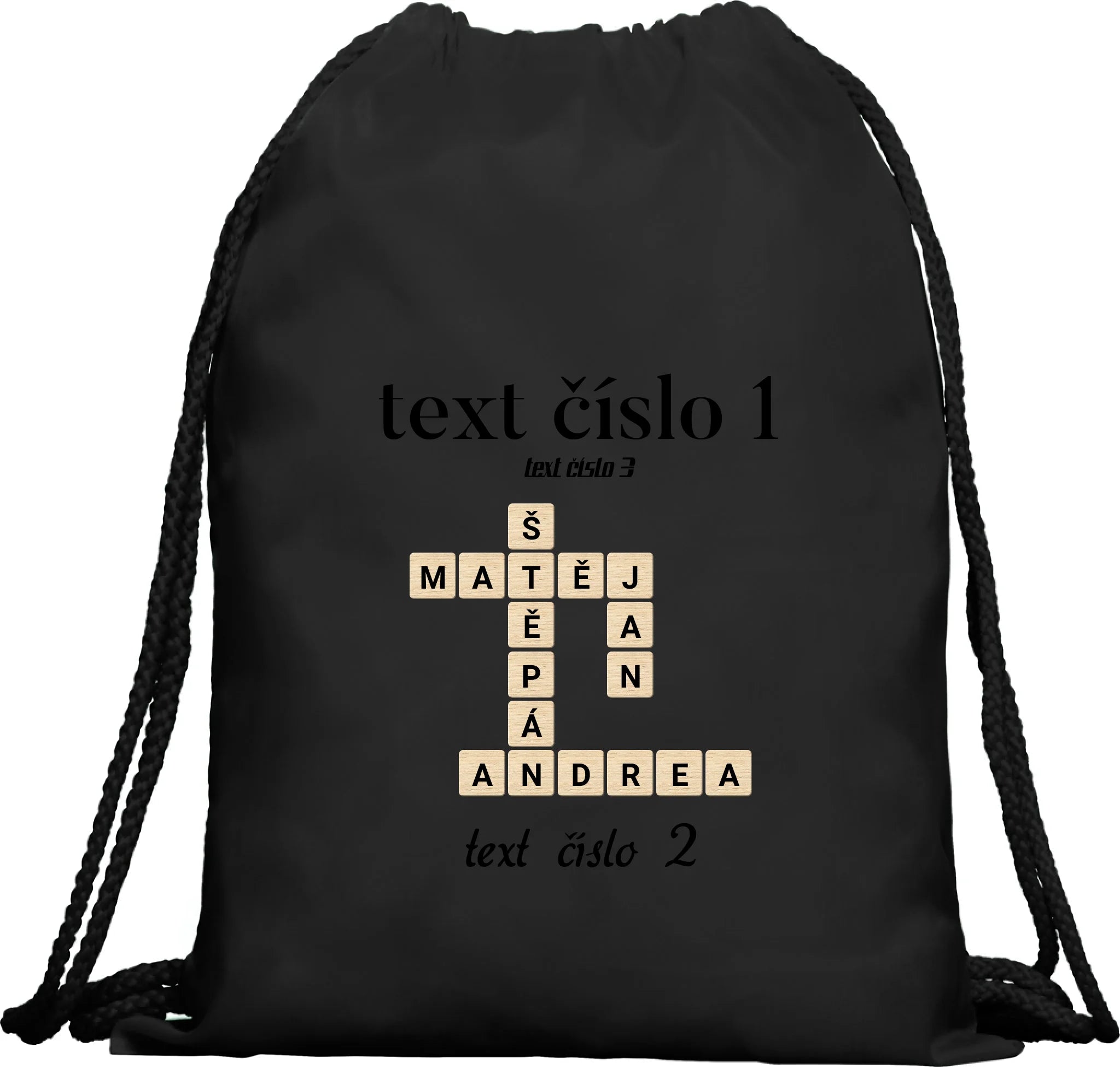 BATOH nebo TAŠKA s motivem SCRABLE (vložíte jména, doplníte texty) Multifunkční batoh KAGU černá 35x45 cm