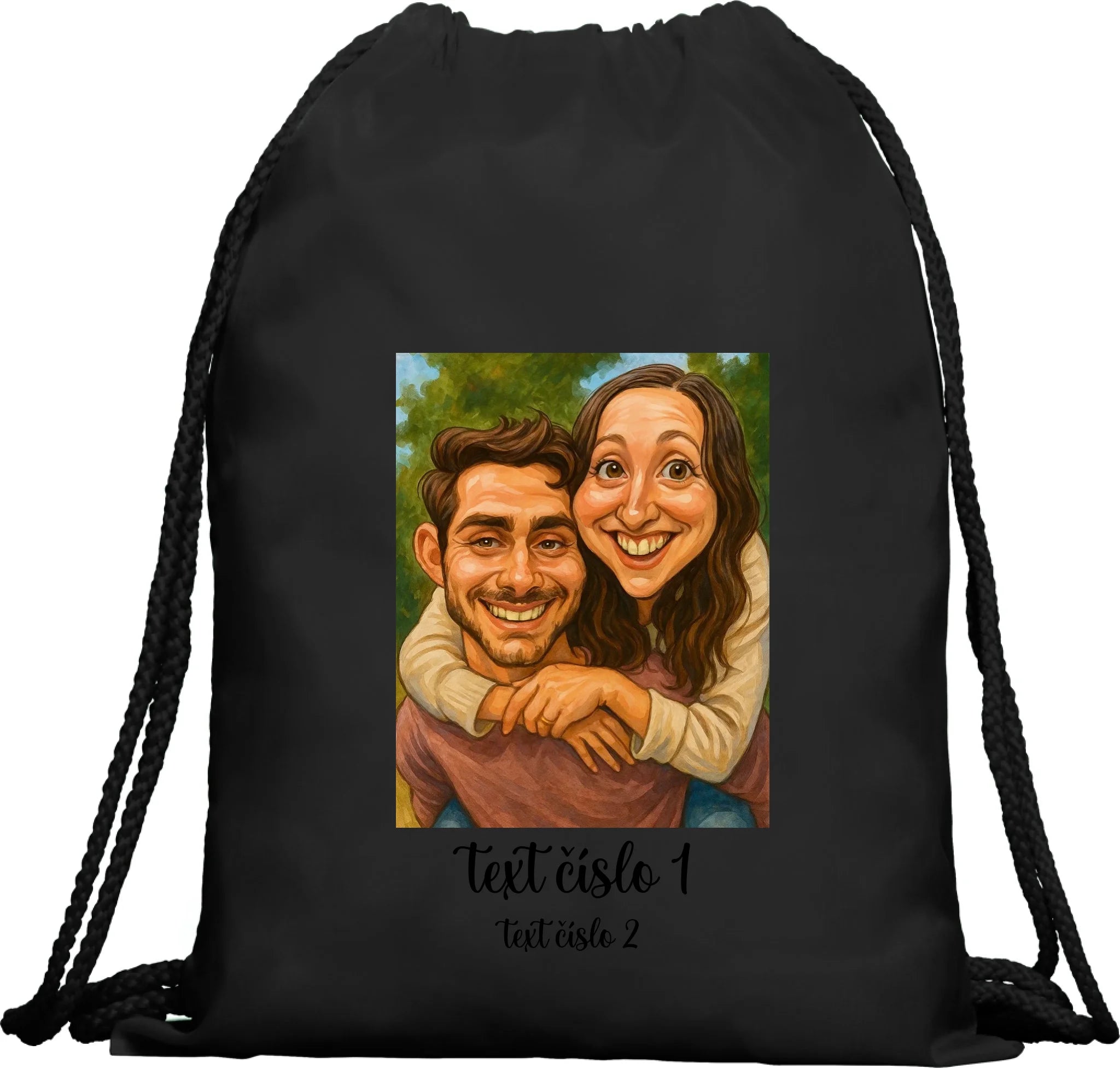 BATOH nebo TAŠKA s motivem KARIKATURA (vložíte fotku a texty) Multifunkční batoh KAGU černá 35x45 cm