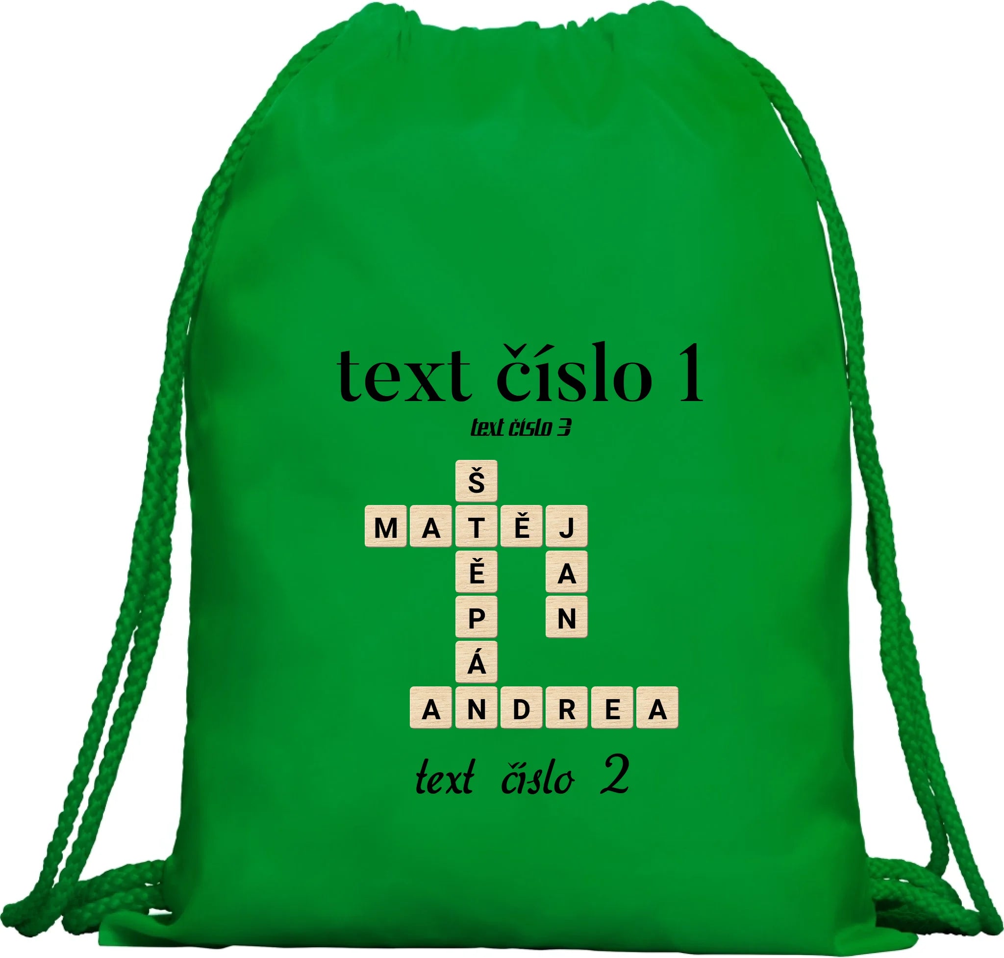 BATOH nebo TAŠKA s motivem SCRABLE (vložíte jména, doplníte texty) Multifunkční batoh KAGU zelená 35x45 cm