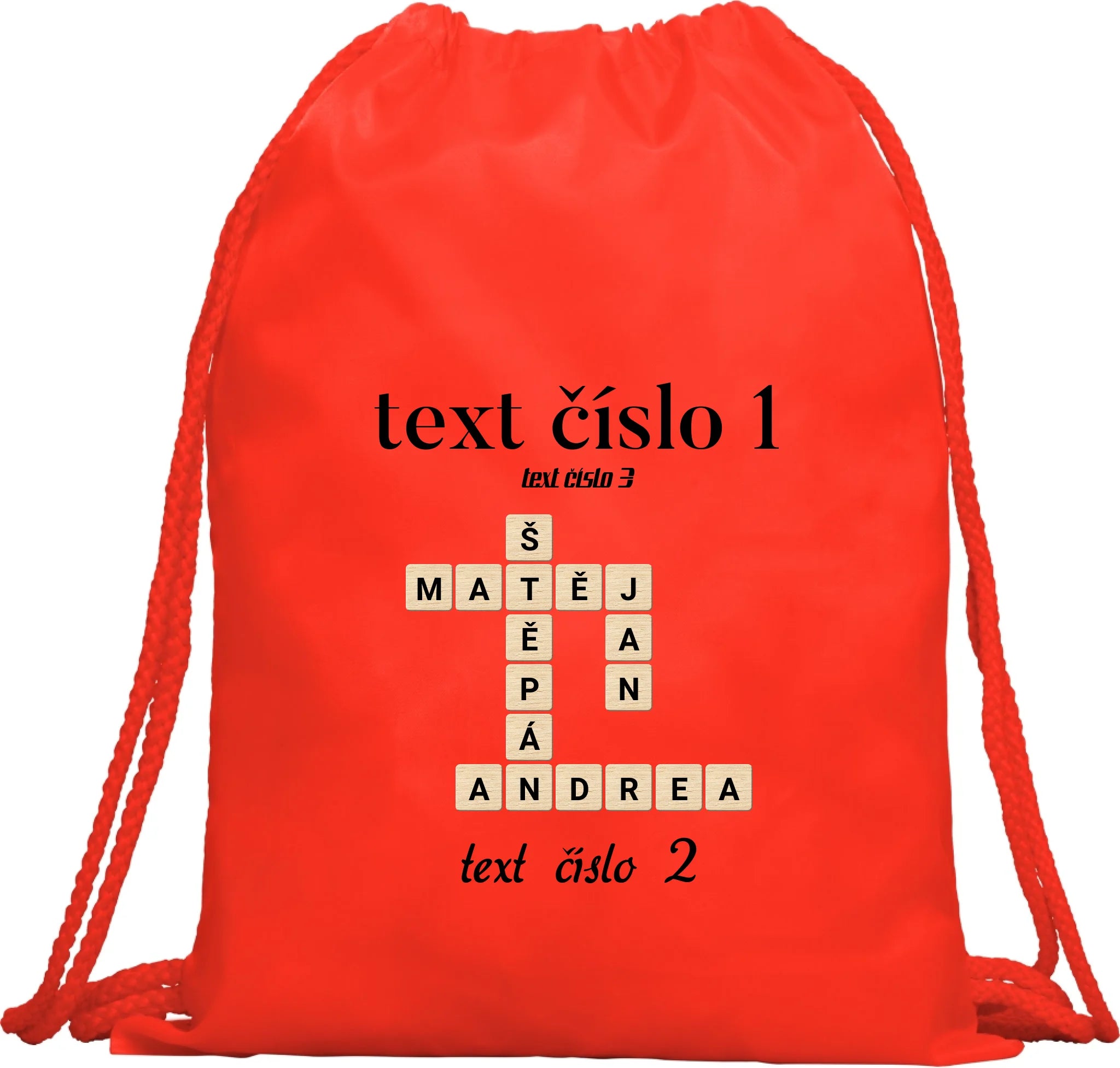 BATOH nebo TAŠKA s motivem SCRABLE (vložíte jména, doplníte texty)