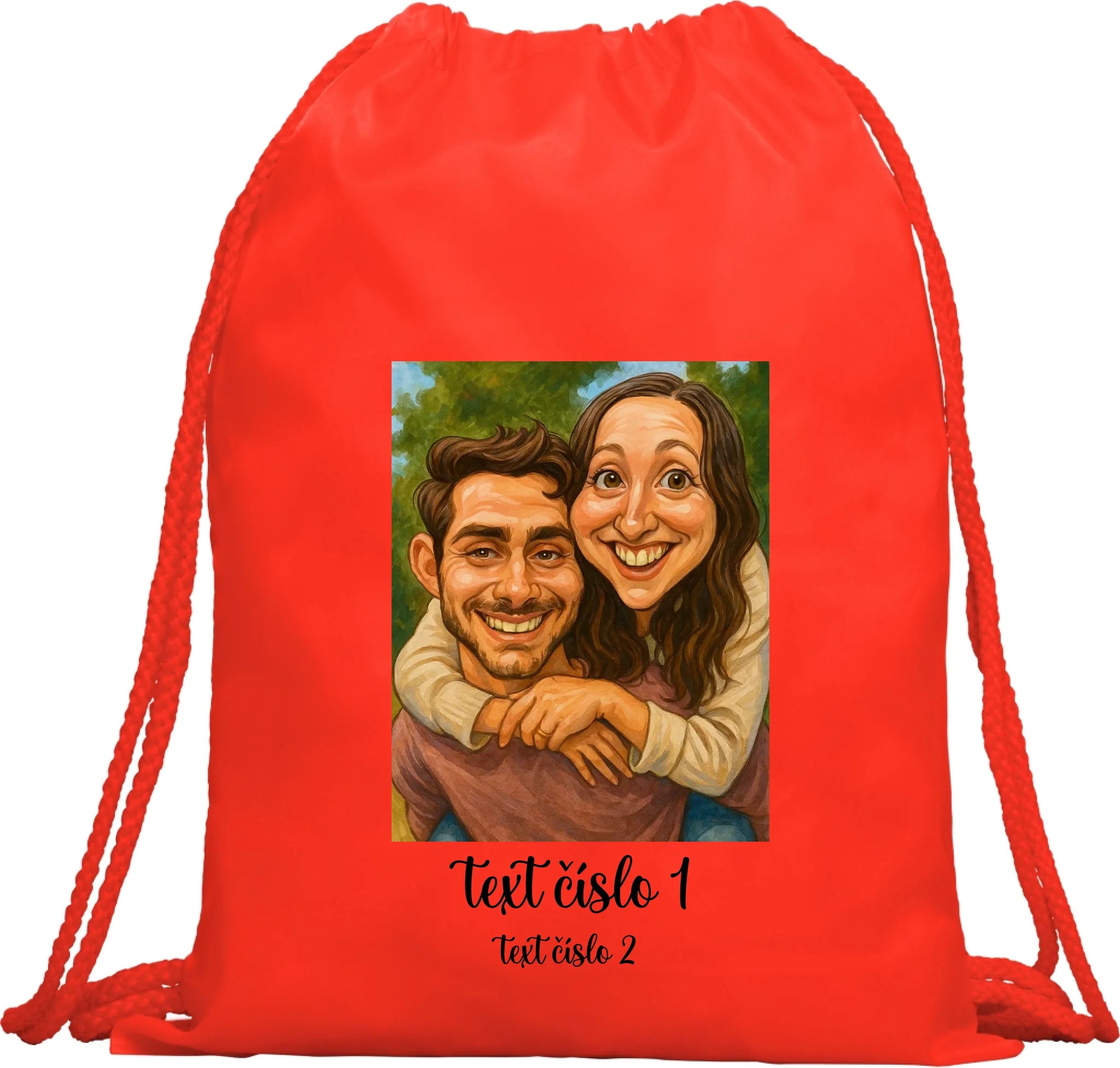 BATOH nebo TAŠKA s motivem KARIKATURA (vložíte fotku a texty) Multifunkční batoh KAGU červená 35x45 cm