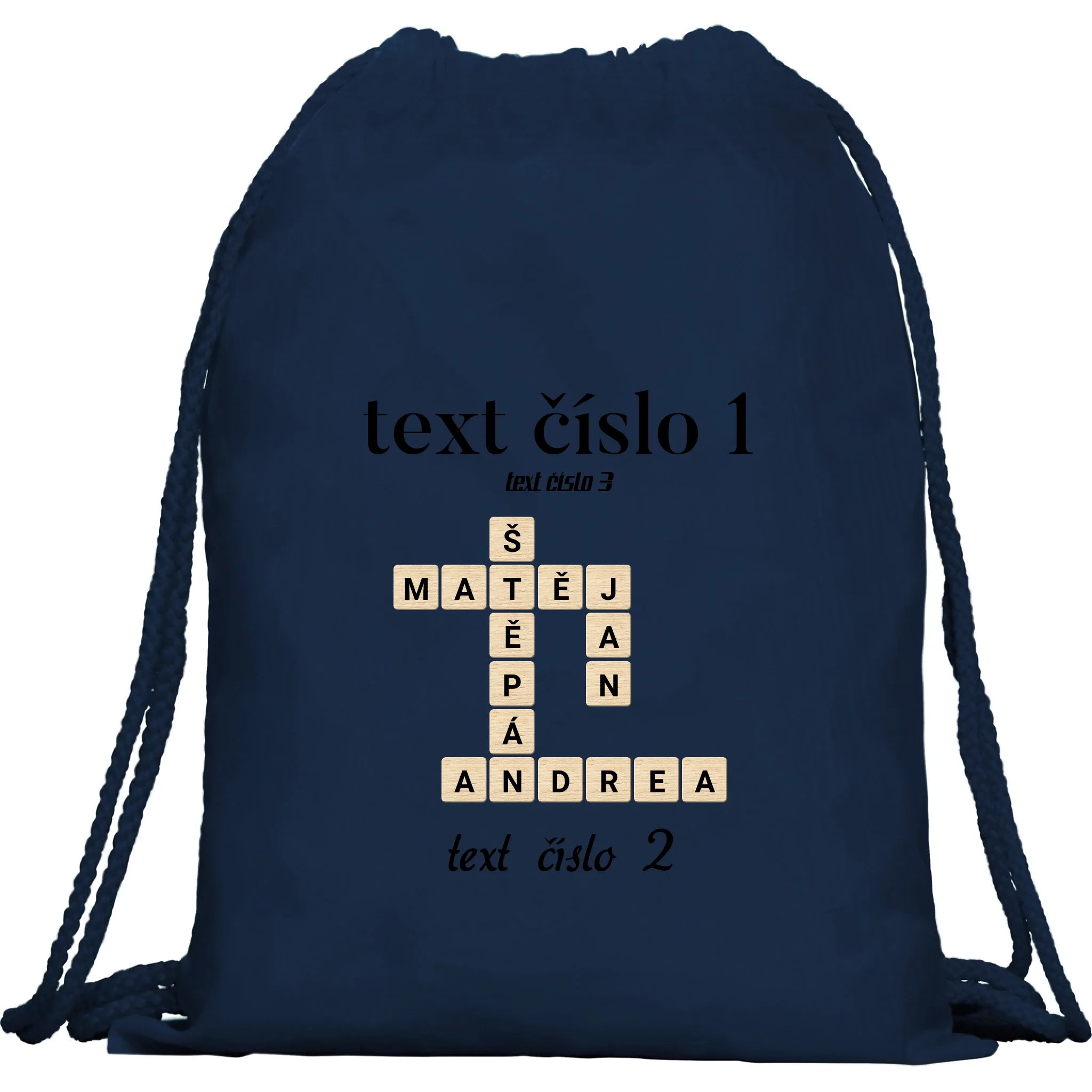 BATOH nebo TAŠKA s motivem SCRABLE (vložíte jména, doplníte texty) Multifunkční batoh KAGU námořnická modrá 35x45 cm