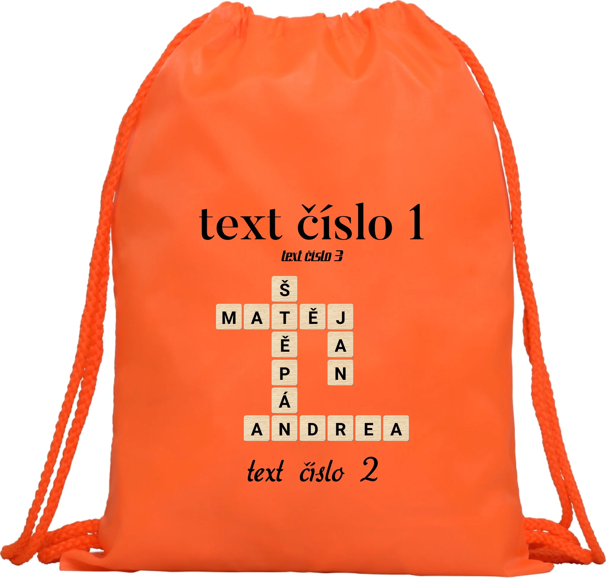BATOH nebo TAŠKA s motivem SCRABLE (vložíte jména, doplníte texty) Multifunkční batoh KAGU oranžová 35x45 cm