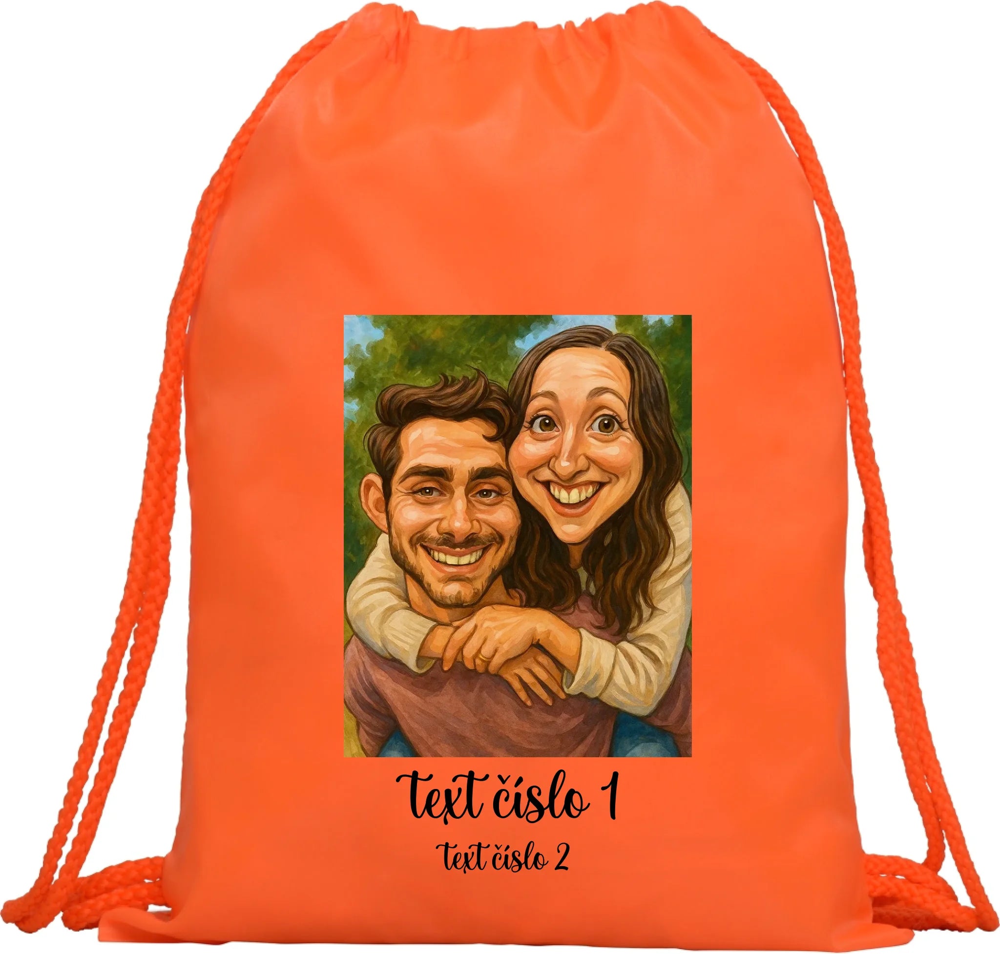 BATOH nebo TAŠKA s motivem KARIKATURA (vložíte fotku a texty) Multifunkční batoh KAGU oranžová 35x45 cm