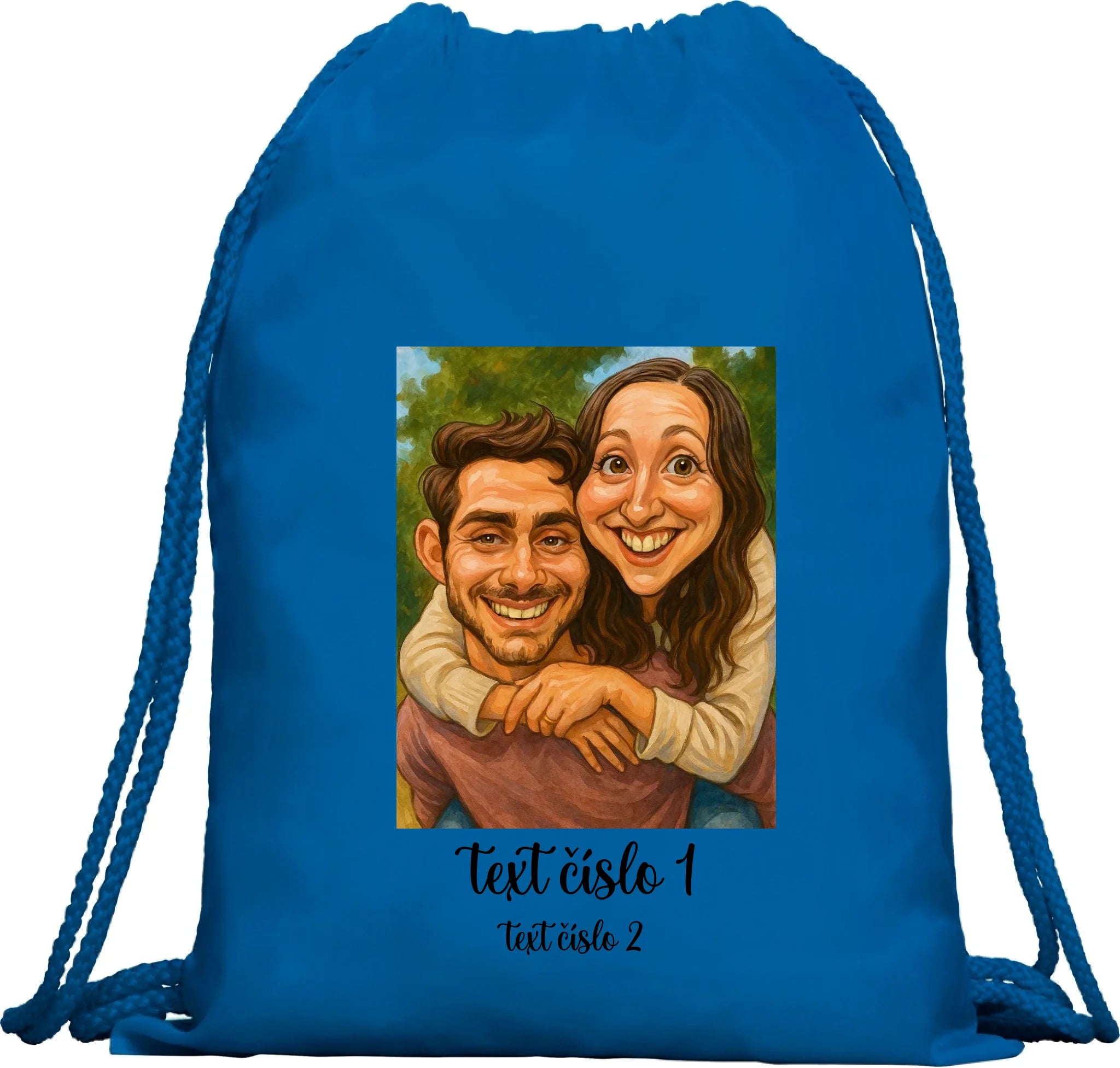 BATOH nebo TAŠKA s motivem KARIKATURA (vložíte fotku a texty) Multifunkční batoh KAGU modrá 35x45 cm