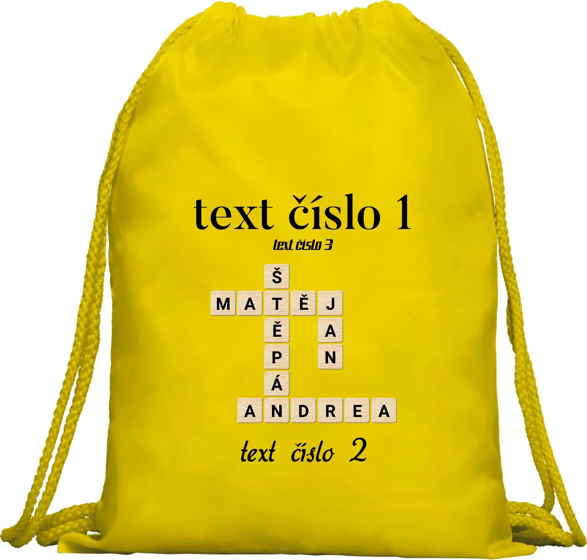 BATOH nebo TAŠKA s motivem SCRABLE (vložíte jména, doplníte texty) Multifunkční batoh KAGU žlutá 35x45 cm