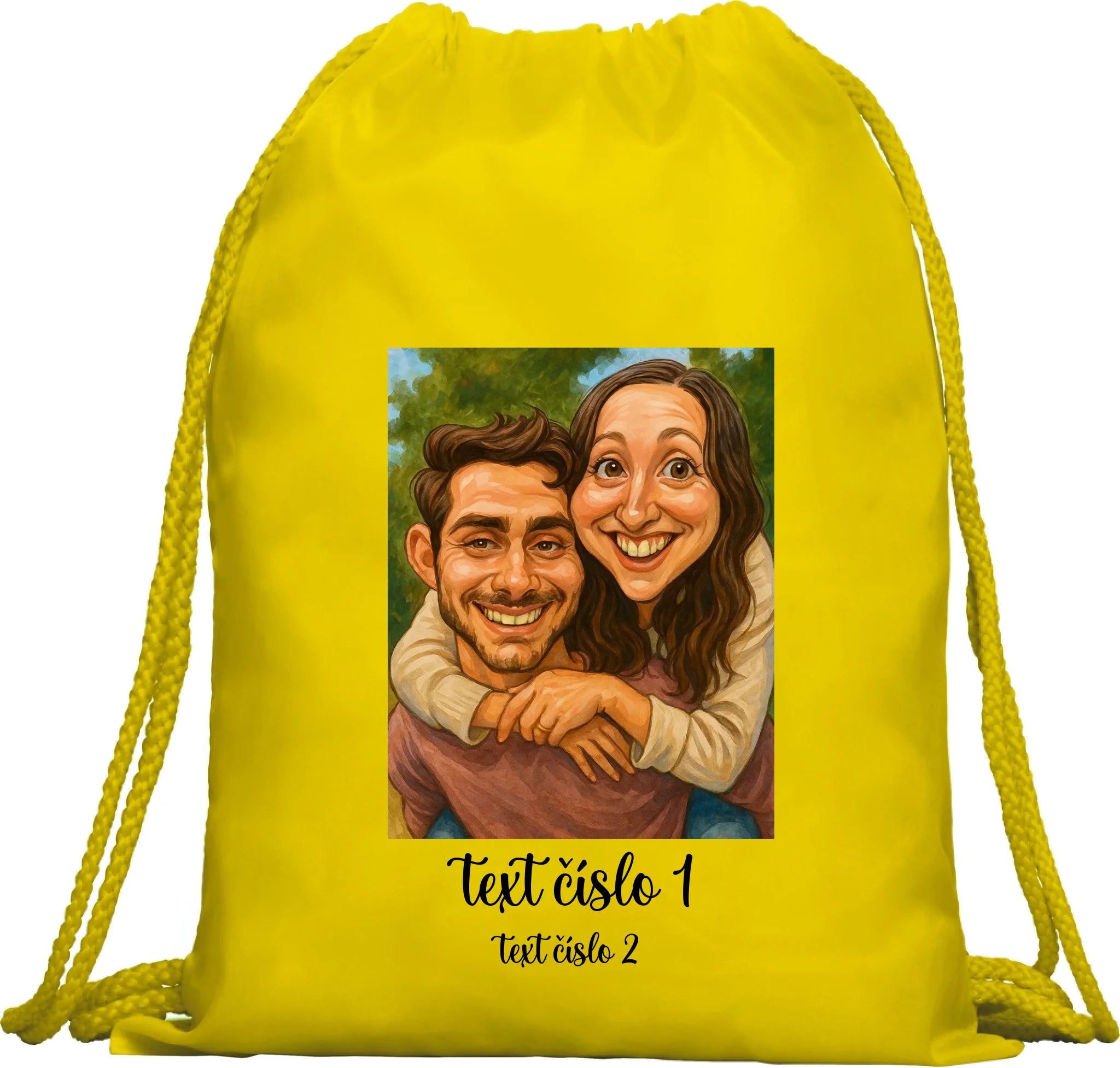 BATOH nebo TAŠKA s motivem KARIKATURA (vložíte fotku a texty) Multifunkční batoh KAGU žlutá 35x45 cm