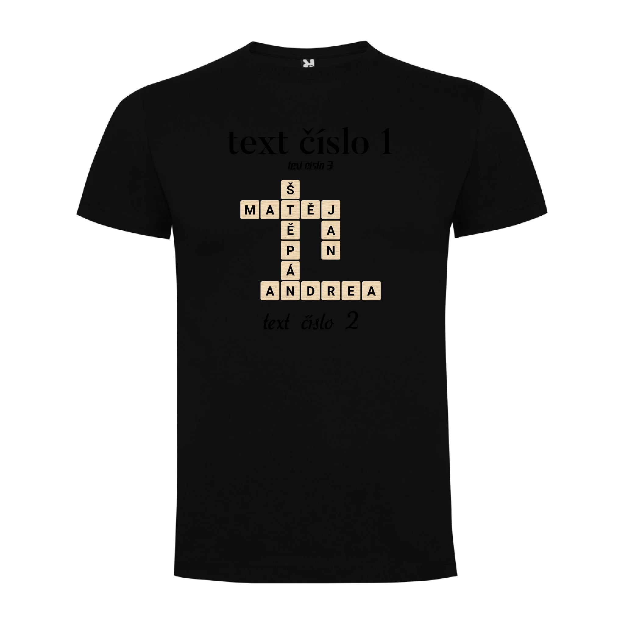 CHLAPECKÉ TRIČKO s motivem SCRABLE (vložíte jména, doplníte texty) potisk jen dopředu chlapecké DOGO Černá