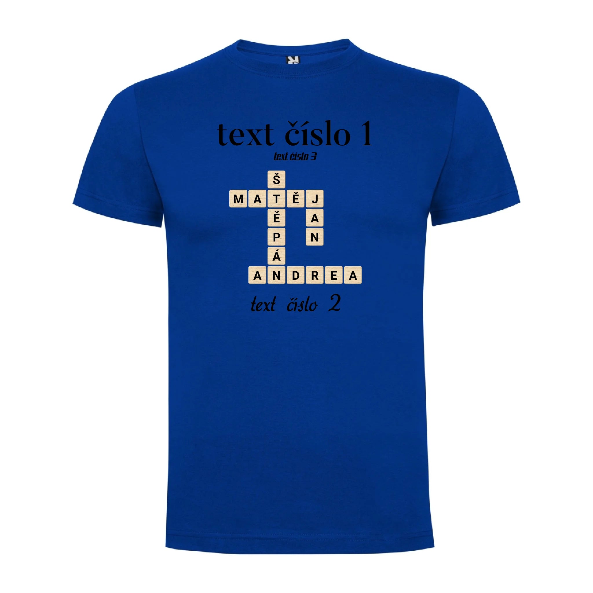 CHLAPECKÉ TRIČKO s motivem SCRABLE (vložíte jména, doplníte texty) potisk jen dopředu chlapecké DOGO Modrá