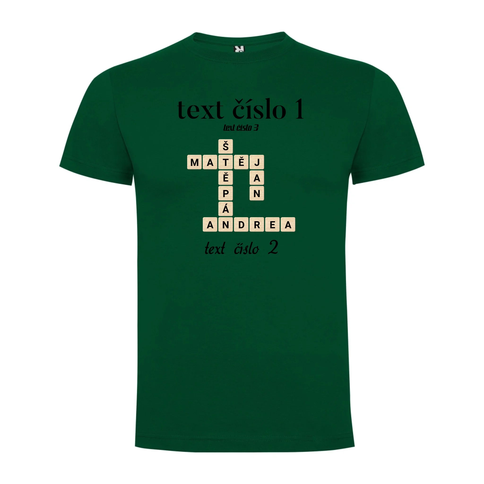 CHLAPECKÉ TRIČKO s motivem SCRABLE (vložíte jména, doplníte texty) potisk jen dopředu chlapecké DOGO Tmavě zelená