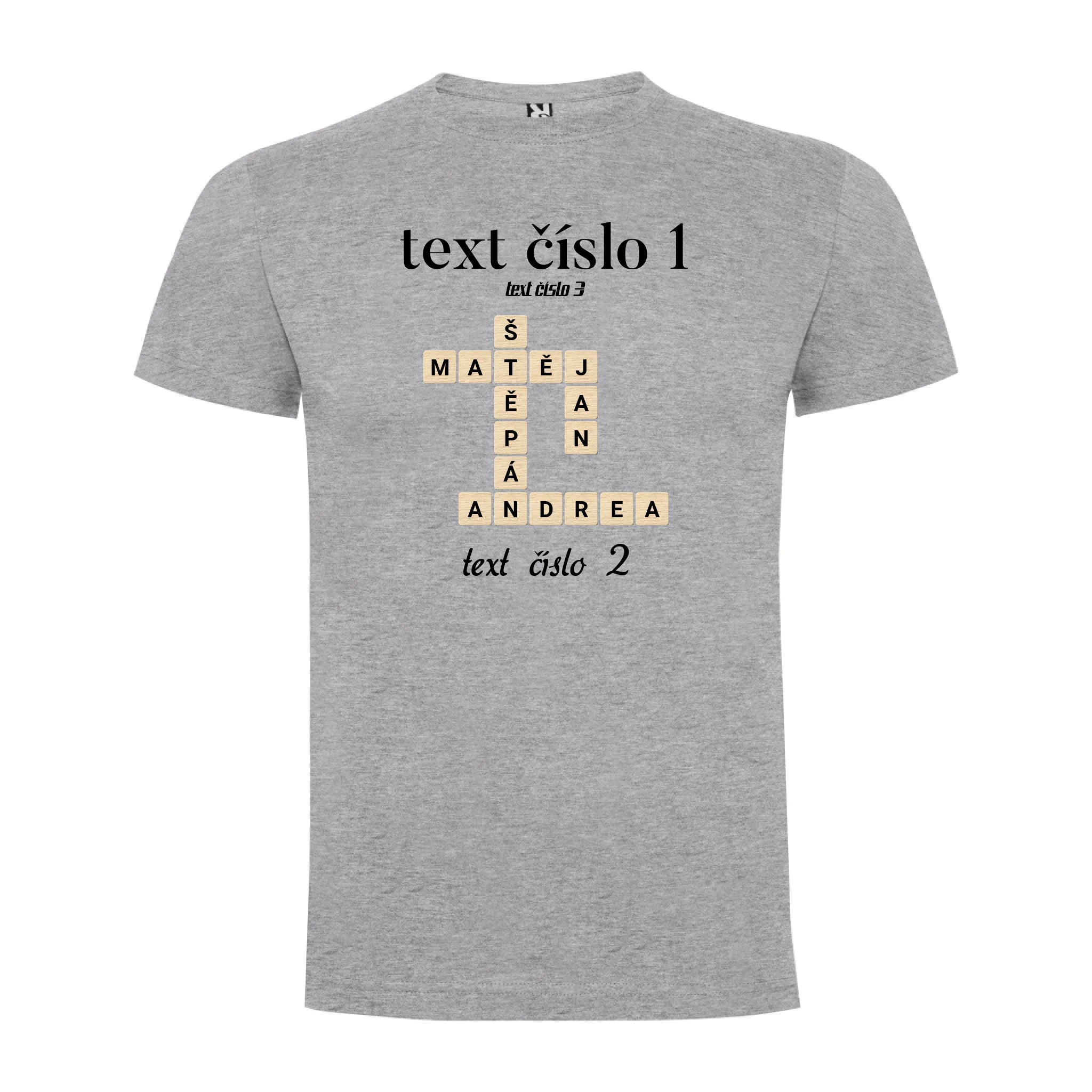 CHLAPECKÉ TRIČKO s motivem SCRABLE (vložíte jména, doplníte texty) potisk jen dopředu chlapecké DOGO Melír