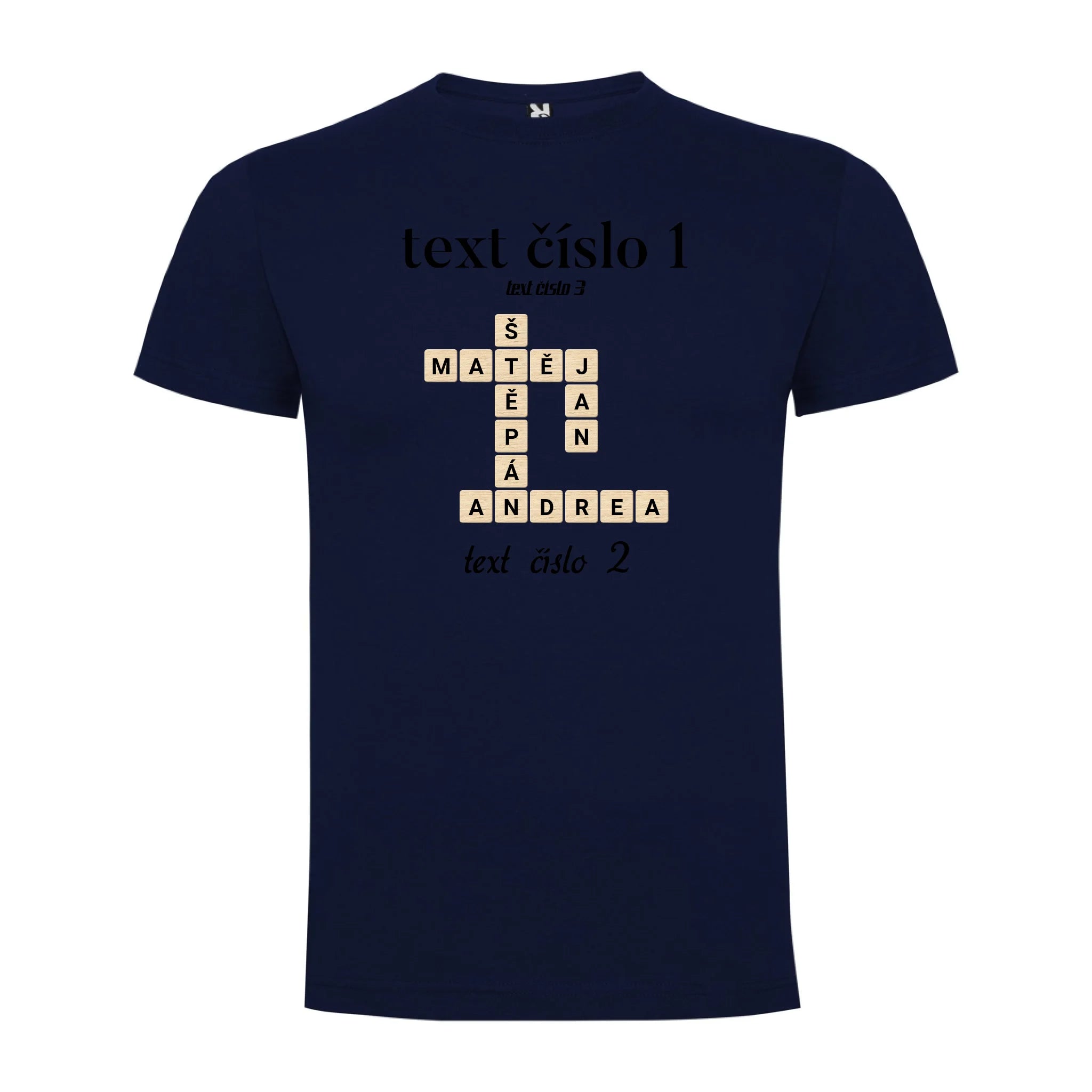 CHLAPECKÉ TRIČKO s motivem SCRABLE (vložíte jména, doplníte texty) potisk jen dopředu chlapecké DOGO Námořnická modrá