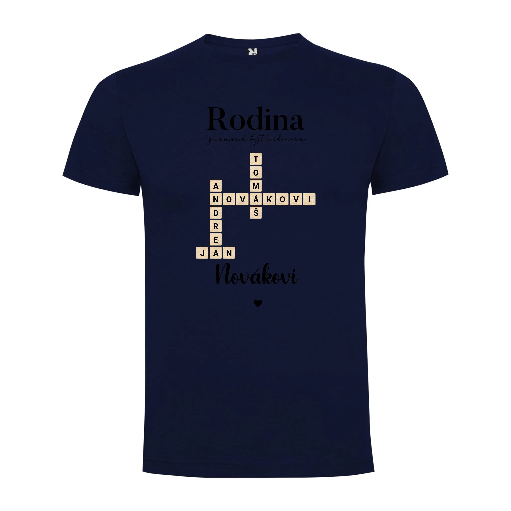 CHLAPECKÉ TRIČKO s motivem RODINA SCRABLE (vložíte jména, doplníte texty) potisk jen dopředu chlapecké DOGO Námořnická modrá
