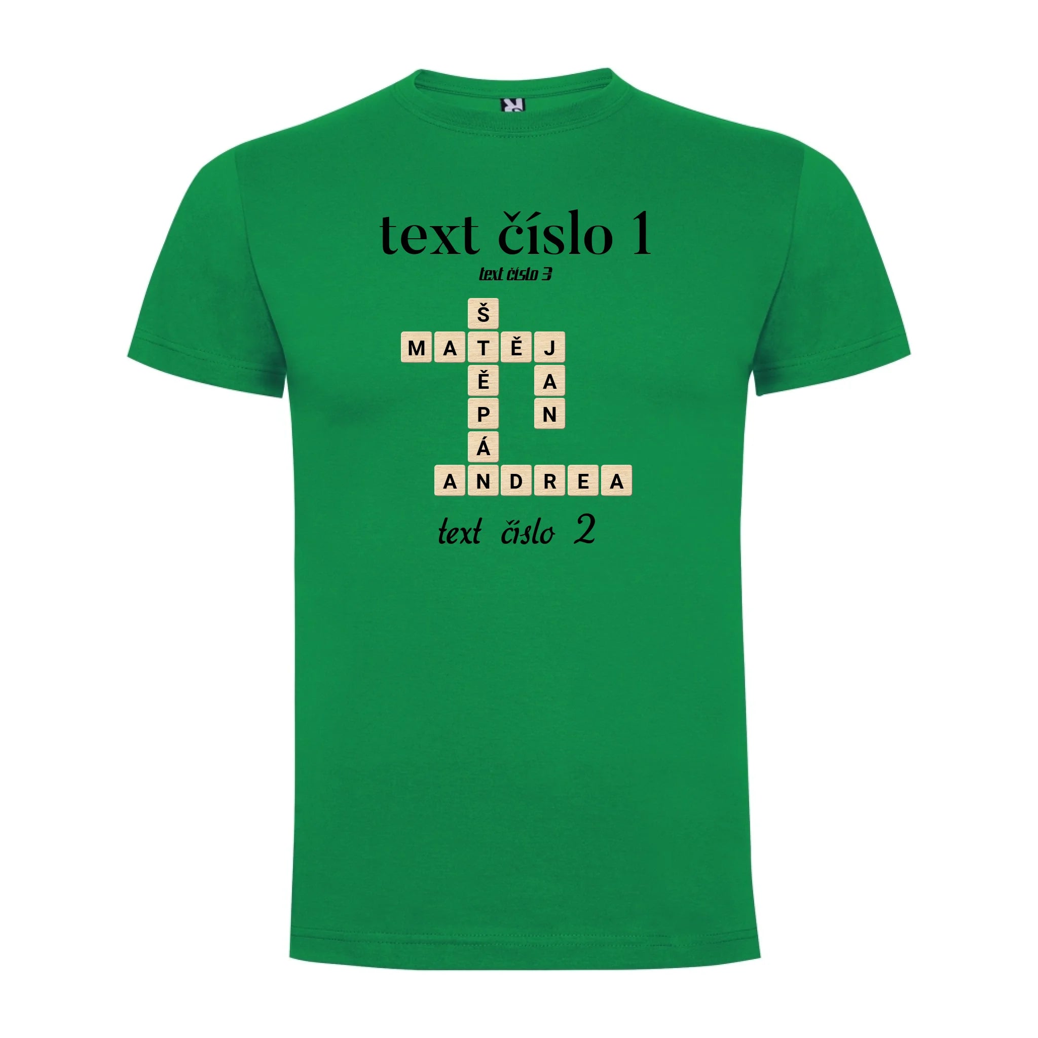 CHLAPECKÉ TRIČKO s motivem SCRABLE (vložíte jména, doplníte texty) potisk jen dopředu chlapecké DOGO Zelená