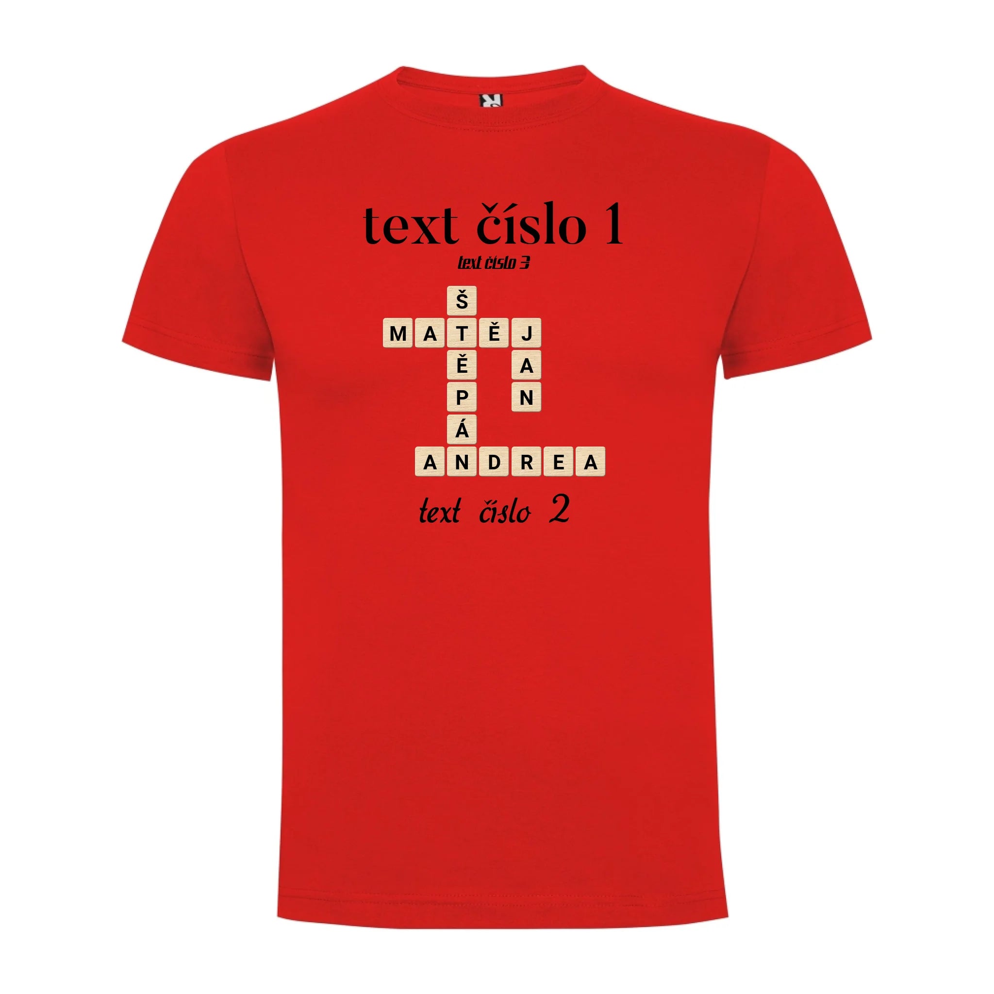 CHLAPECKÉ TRIČKO s motivem SCRABLE (vložíte jména, doplníte texty) potisk jen dopředu chlapecké DOGO Červená