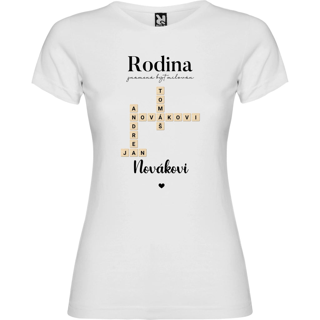 DÁMSKÉ TRIČKO s motivem RODINA SCRABLE (vložíte jména, doplníte texty) jen motiv dopředu Bílá