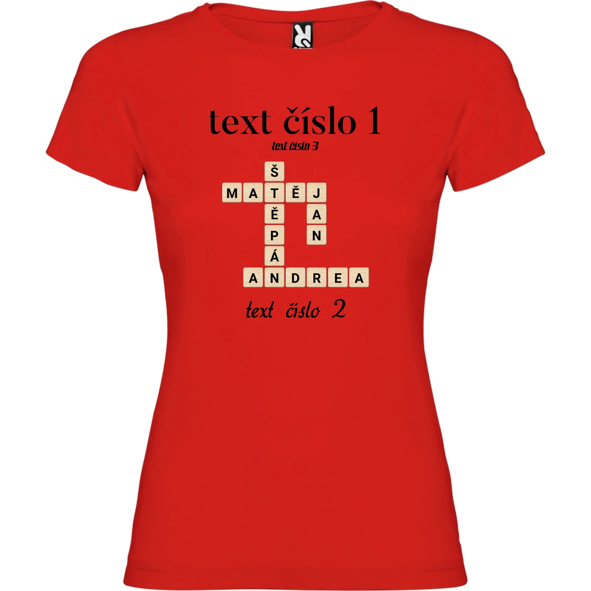 DÁMSKÉ TRIČKO s motivem SCRABLE (vložíte jména, doplníte texty) potisk jen dopředu dámské jamaica Červená