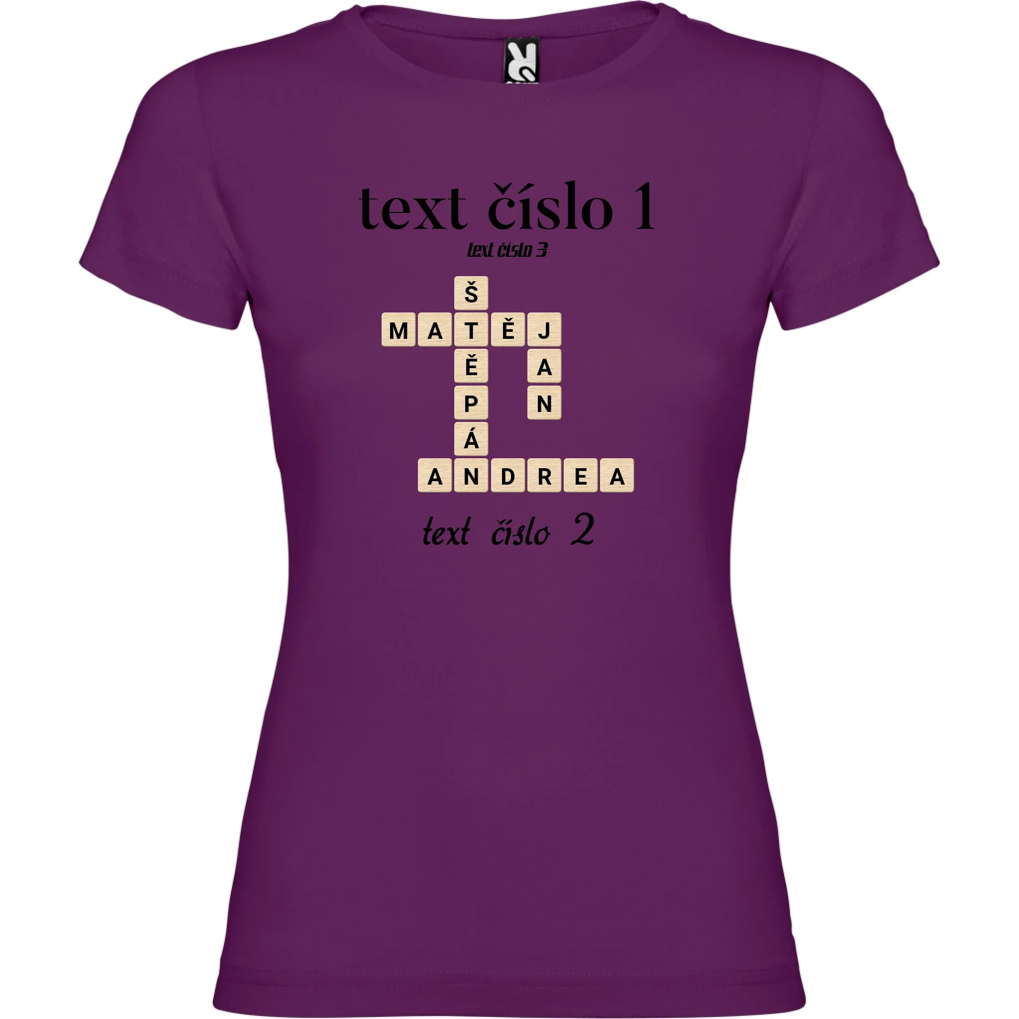DÁMSKÉ TRIČKO s motivem SCRABLE (vložíte jména, doplníte texty) potisk jen dopředu dámské jamaica Purpurová