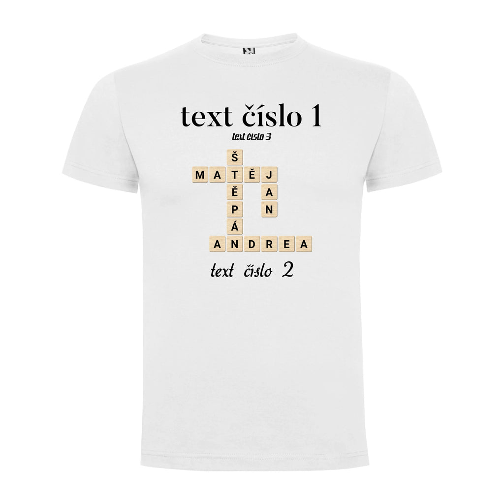 PÁNSKÉ TRIČKO s motivem SCRABLE (vložíte jména, doplníte texty) jen motiv dopředu Bílá