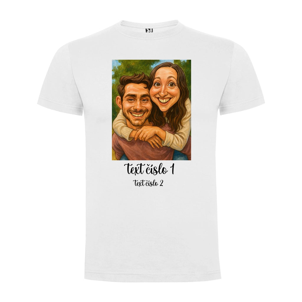 PÁNSKÉ TRIČKO s motivem KARIKATURA (vložíte fotku a texty) jen motiv dopředu Bílá