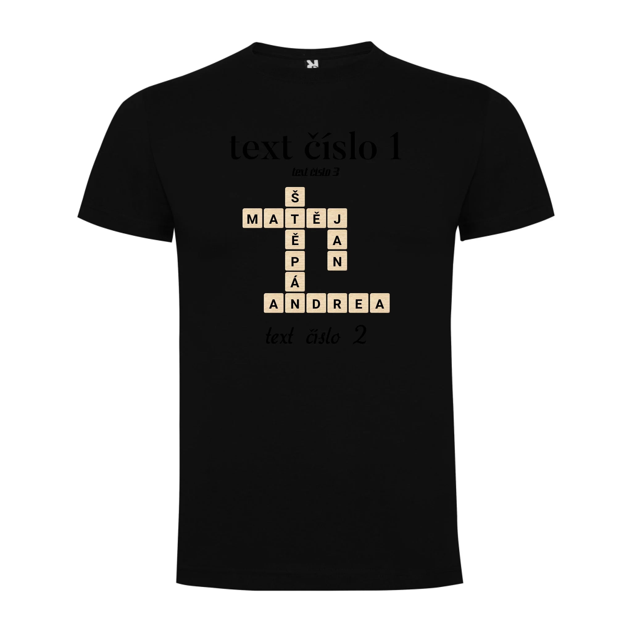 PÁNSKÉ TRIČKO s motivem SCRABLE (vložíte jména, doplníte texty) potisk jen dopředu pánské DOGO Černá