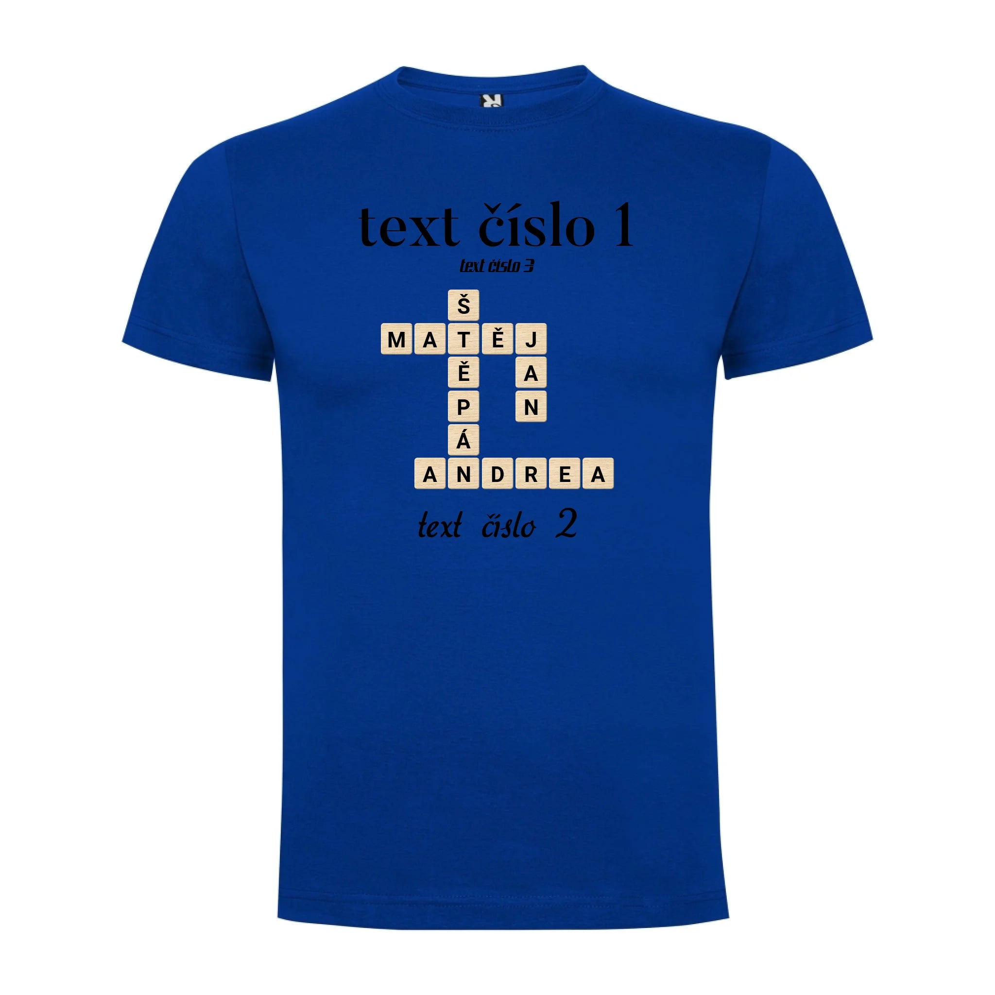 PÁNSKÉ TRIČKO s motivem SCRABLE (vložíte jména, doplníte texty) potisk jen dopředu pánské DOGO Modrá