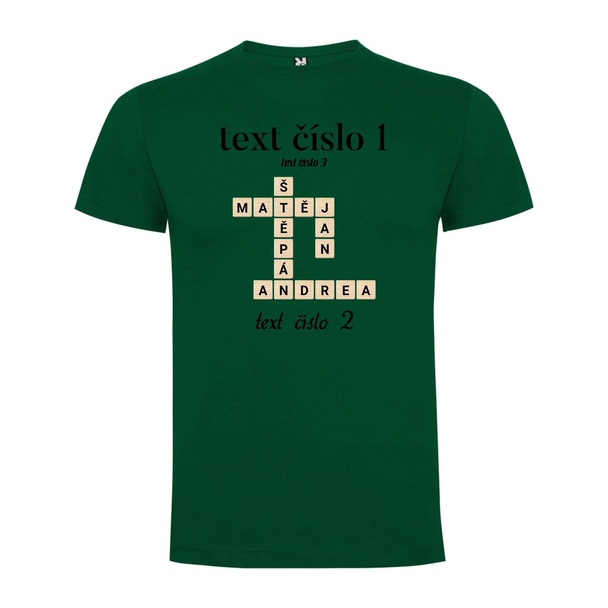 PÁNSKÉ TRIČKO s motivem SCRABLE (vložíte jména, doplníte texty) potisk jen dopředu pánské DOGO Tmavě zelená