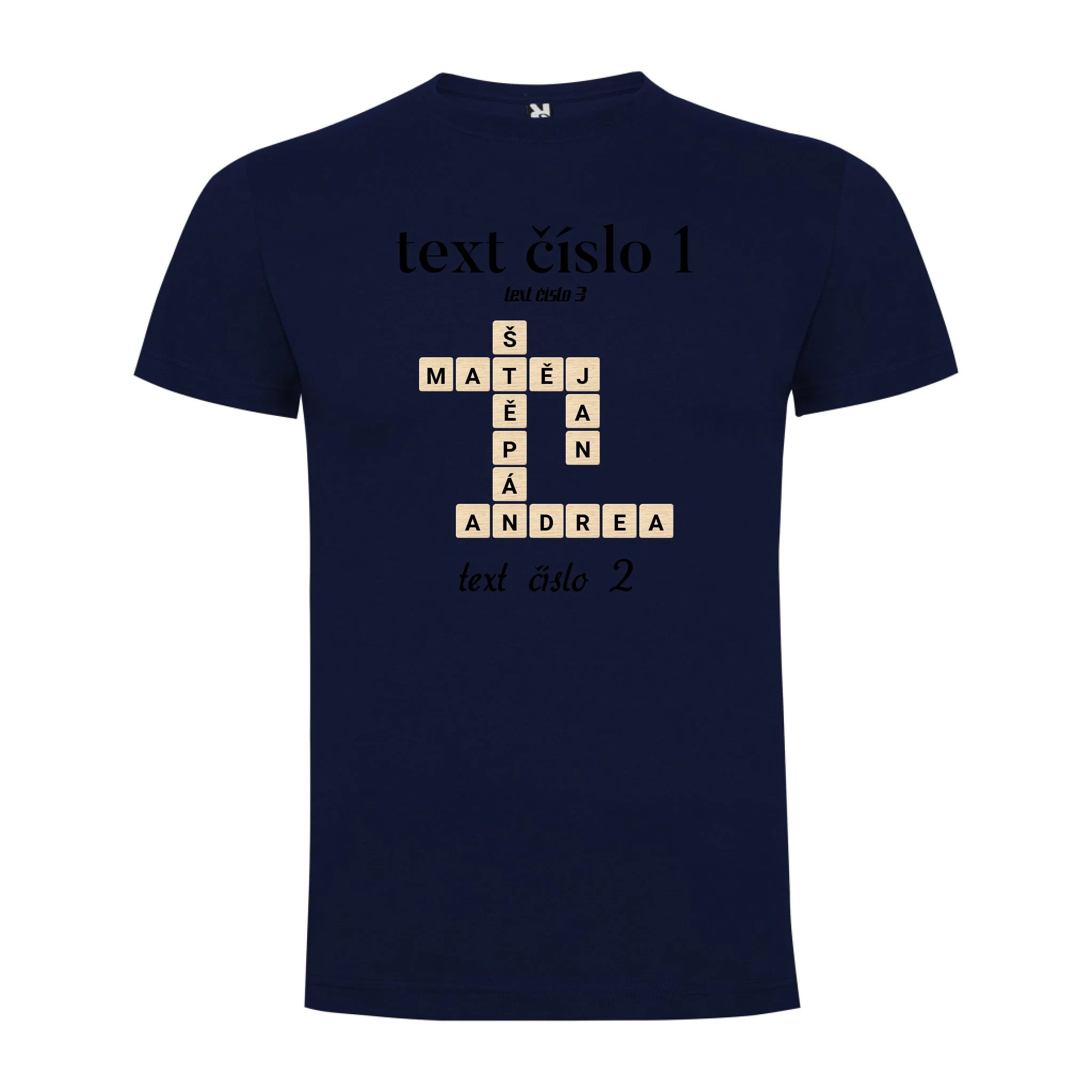 PÁNSKÉ TRIČKO s motivem SCRABLE (vložíte jména, doplníte texty) potisk jen dopředu pánské DOGO Námořnická modrá