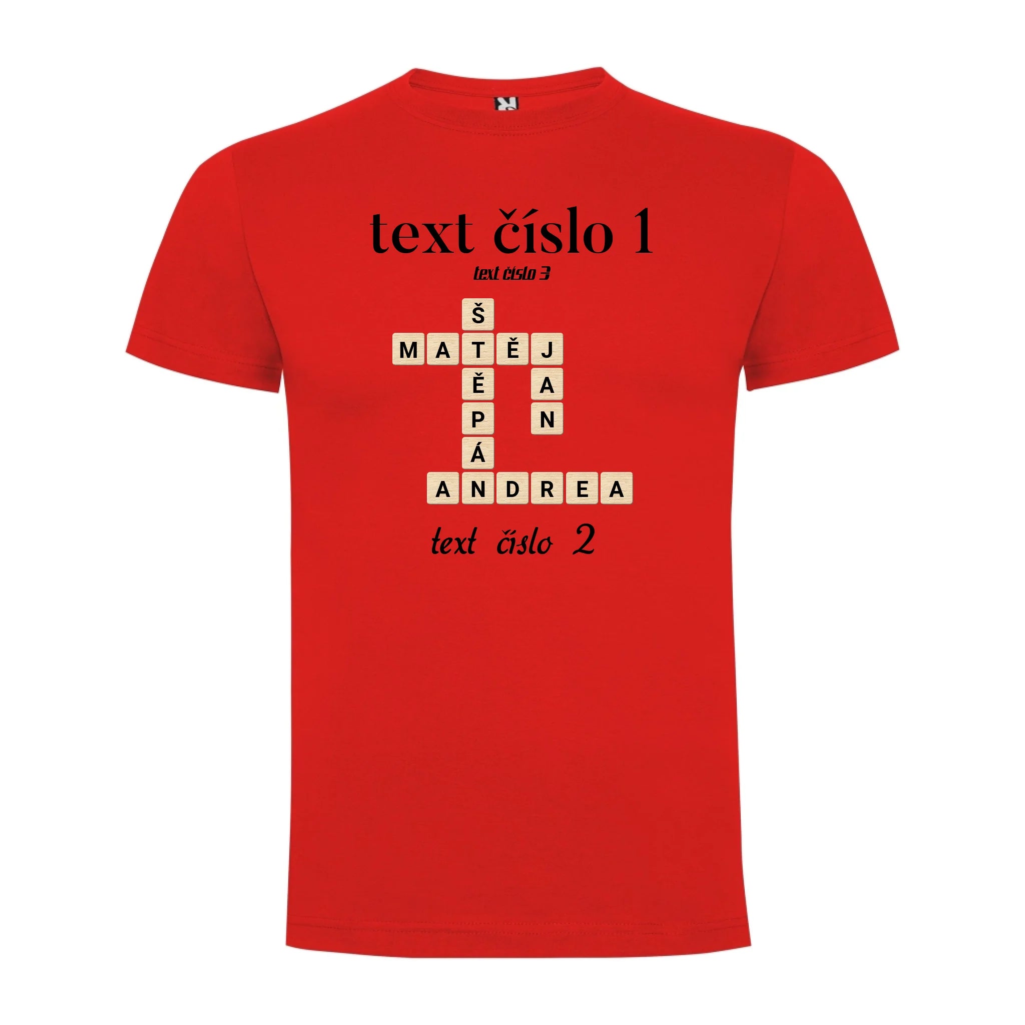 PÁNSKÉ TRIČKO s motivem SCRABLE (vložíte jména, doplníte texty) potisk jen dopředu pánské DOGO Červená