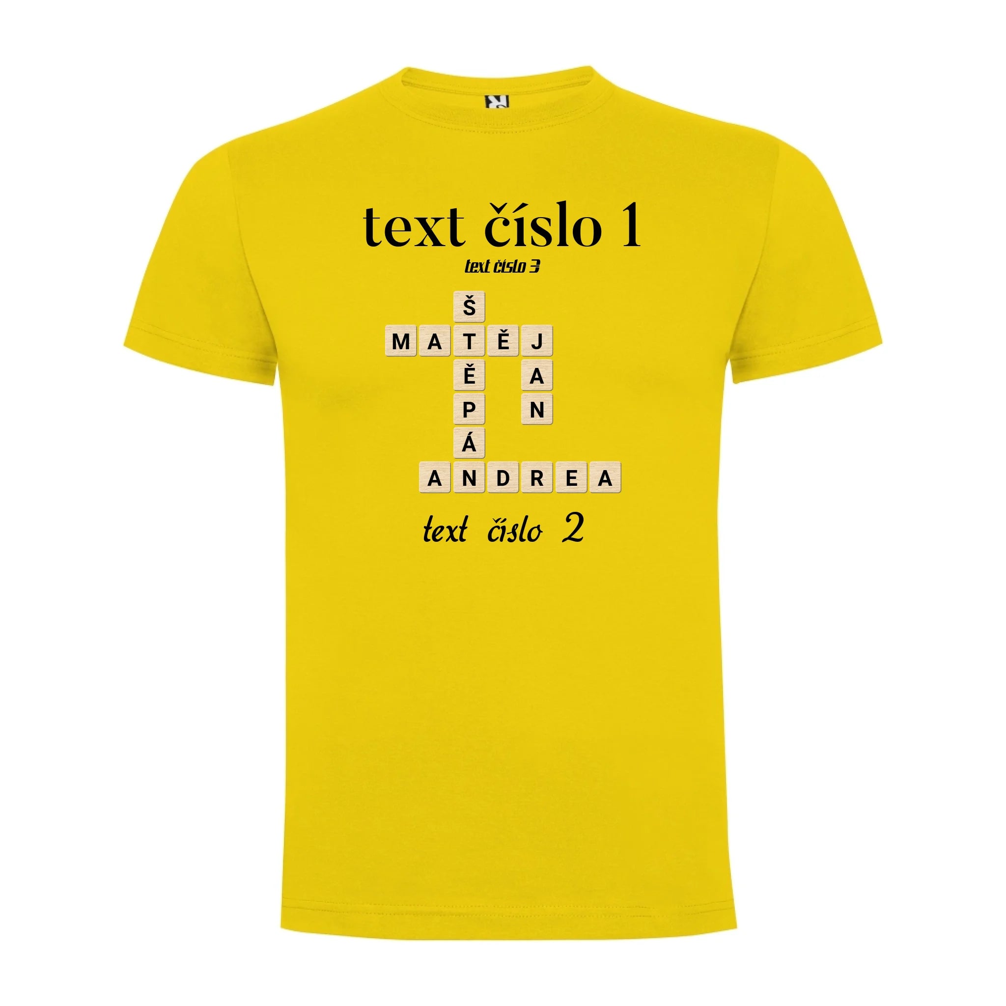 PÁNSKÉ TRIČKO s motivem SCRABLE (vložíte jména, doplníte texty) potisk jen dopředu pánské DOGO Žlutá
