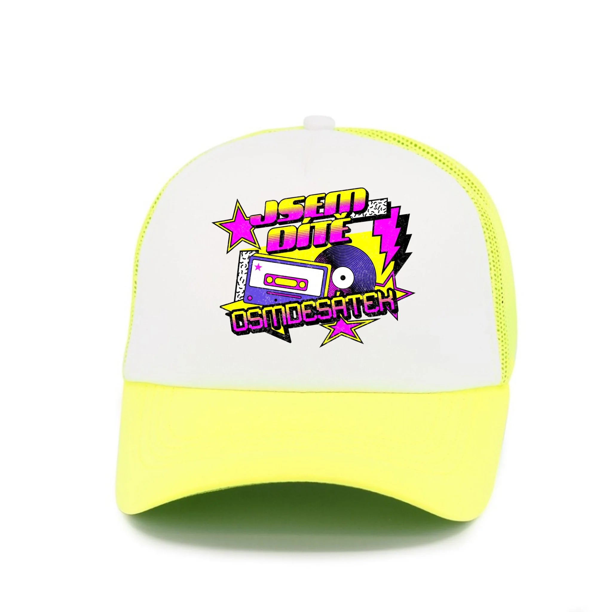KŠILTOVKA s motivem NAROZENINY DÍTĚ OSMDESÁTEK (výběr ze 3 potisků) Kšiltovka TRUCKER neon žlutá 58