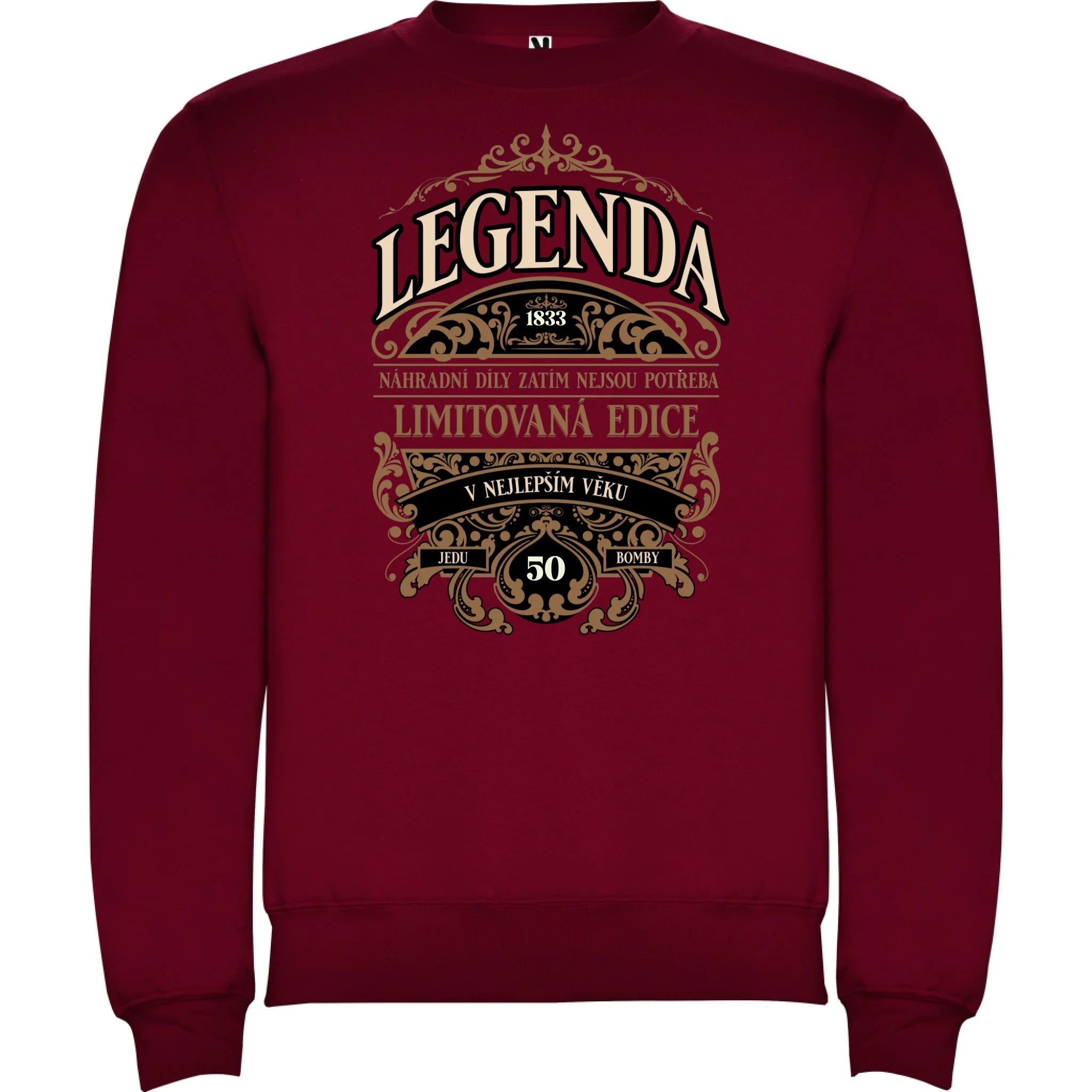 MIKINA BEZ KAPUCE UNISEX s motivem NAROZENINY LEGENDA potisk jen dopředu unisex mikina clasica Granátová