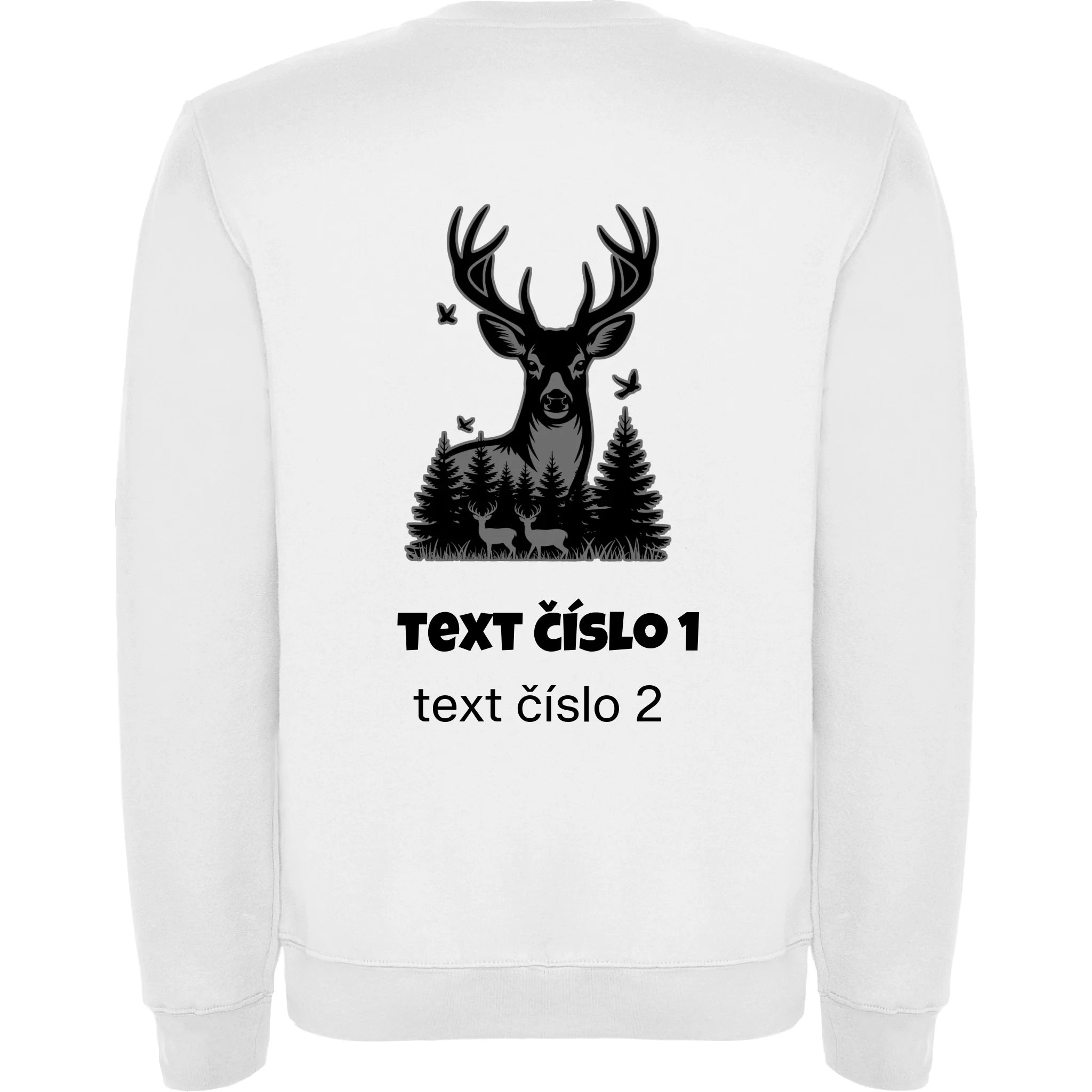 MIKINA BEZ KAPUCE UNISEX s motivem MYSLIVOST (výběr z 10+ obrázků, možnost doplnit vlastní texty) potisk jen na záda unisex mikina clasica Bílá