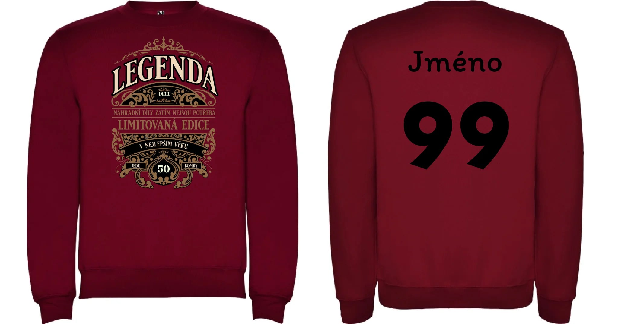 MIKINA BEZ KAPUCE UNISEX s motivem NAROZENINY LEGENDA oboustranný potisk unisex mikina clasica Granátová