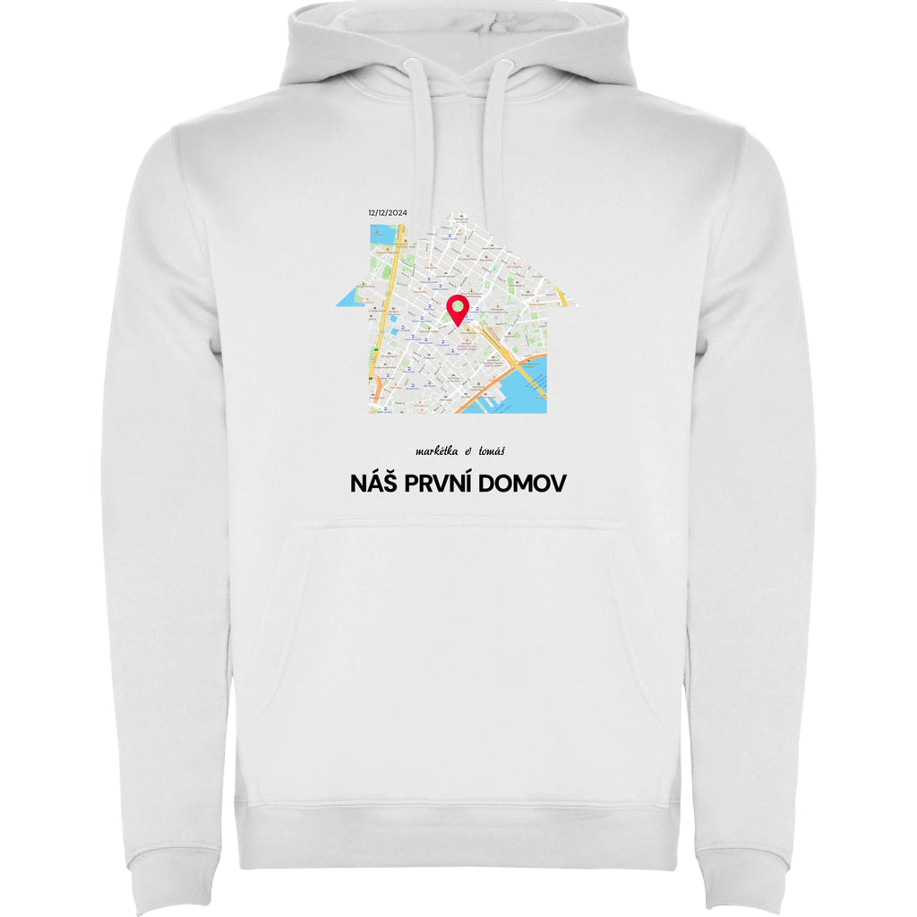 MIKINA S KAPUCÍ MAPA vyberte místo, generujte mapu, doplňte vlastní texty