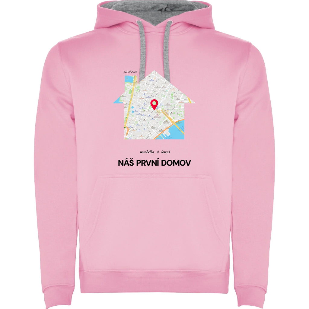 MIKINA S KAPUCÍ MAPA vyberte místo, generujte mapu, doplňte vlastní texty