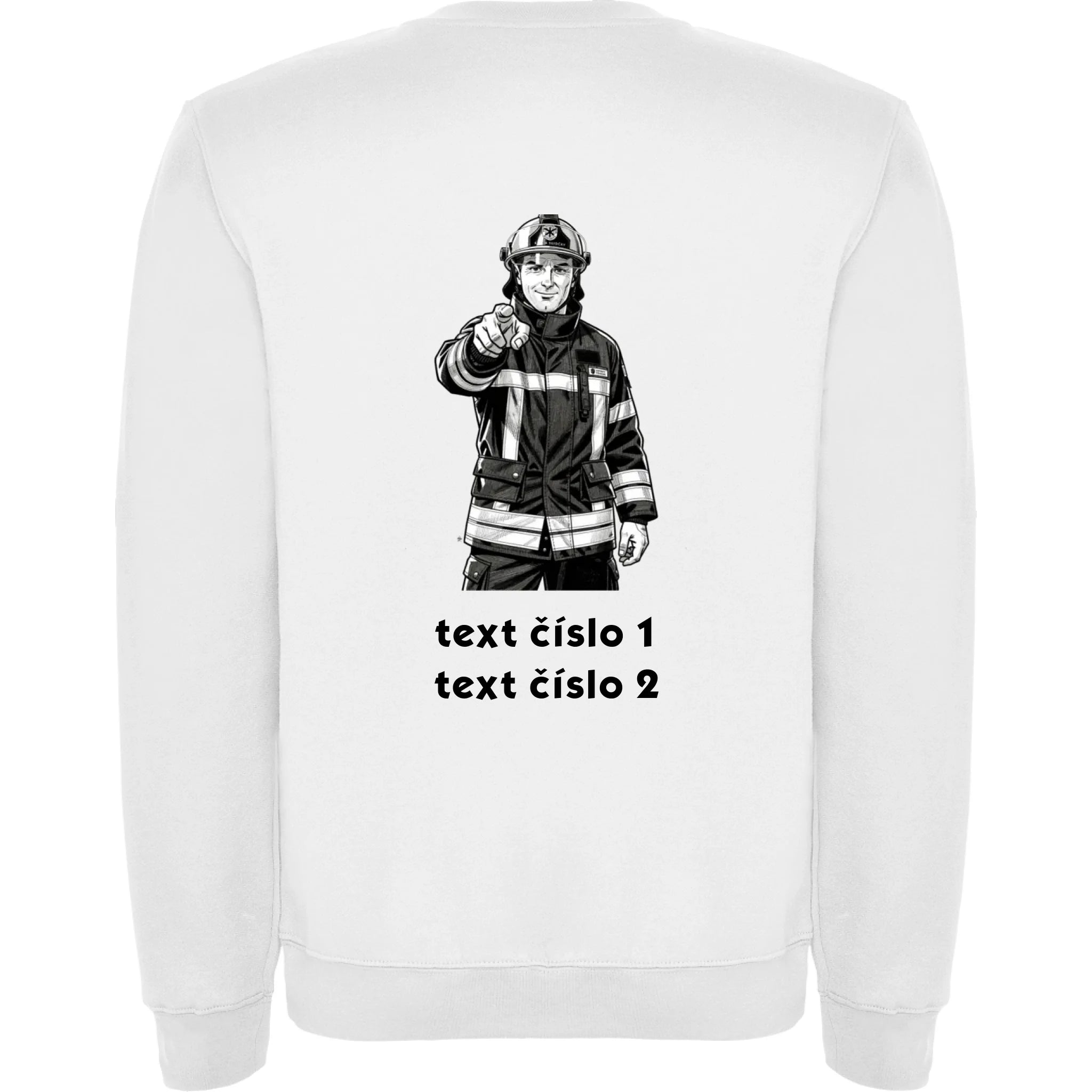 MIKINA BEZ KAPUCE UNISEX s motivem HASIČI (výběr z 10+ obrázků, možnost doplnit vlastní texty) Potisk jen na záda Bílá
