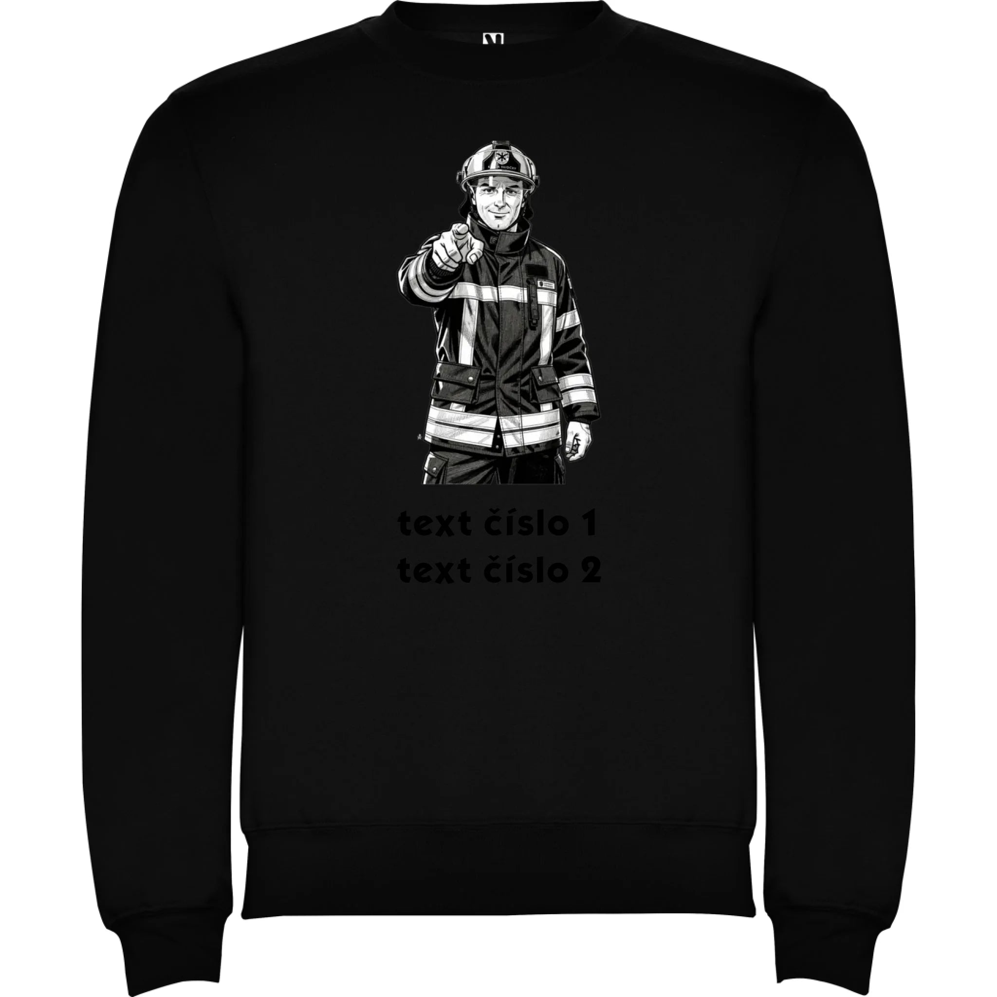 MIKINA BEZ KAPUCE UNISEX s motivem HASIČI (výběr z 10+ obrázků, možnost doplnit vlastní texty) Potisk jen dopředu Černá