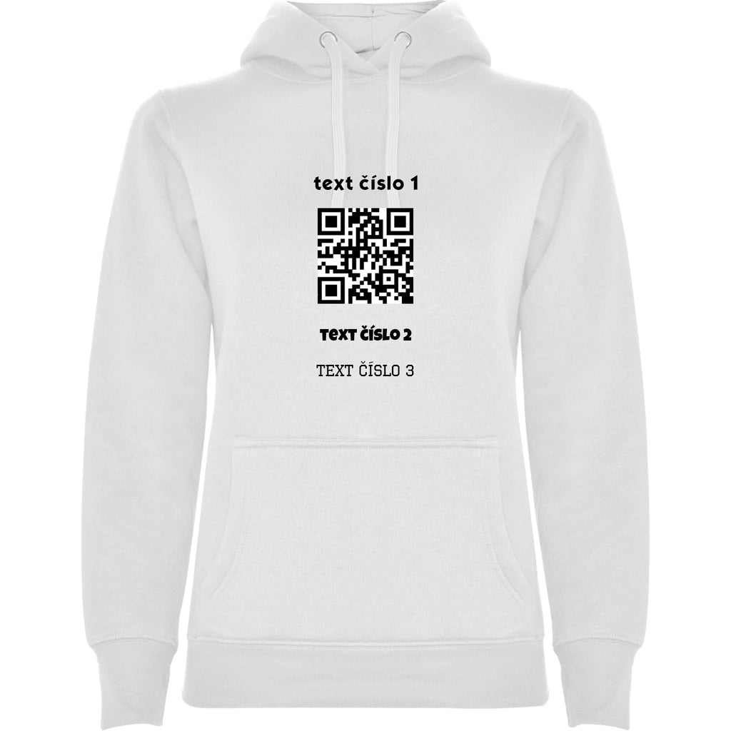 DÁMSKÁ MIKINA S KAPUCÍ s motivem QR KÓD (vložíte url adresu, můžete vložit vlastní texty) potisk jen dopředu dámská mikina urban Bílá