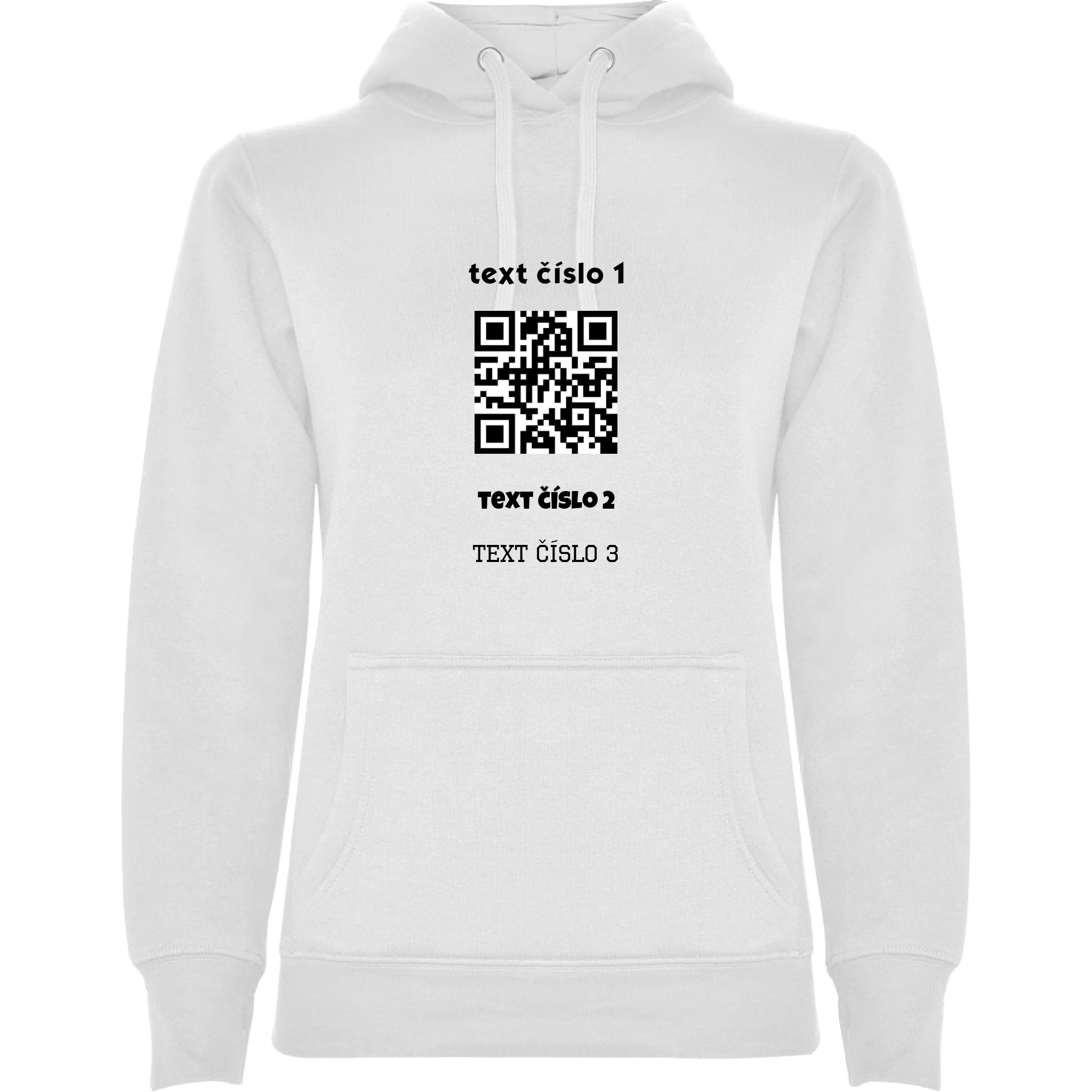 DÁMSKÁ MIKINA S KAPUCÍ s motivem QR KÓD (vložíte url adresu, můžete vložit vlastní texty) potisk jen dopředu dámská mikina urban Bílá