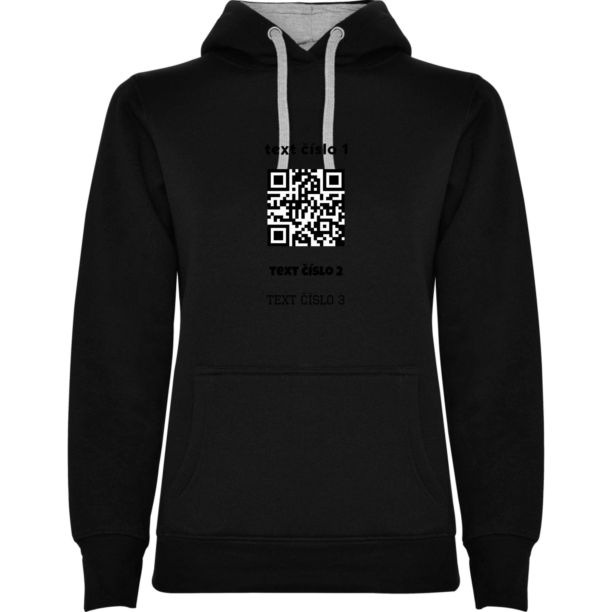 DÁMSKÁ MIKINA S KAPUCÍ s motivem QR KÓD (vložíte url adresu, můžete vložit vlastní texty) potisk jen dopředu dámská mikina urban Černá melír