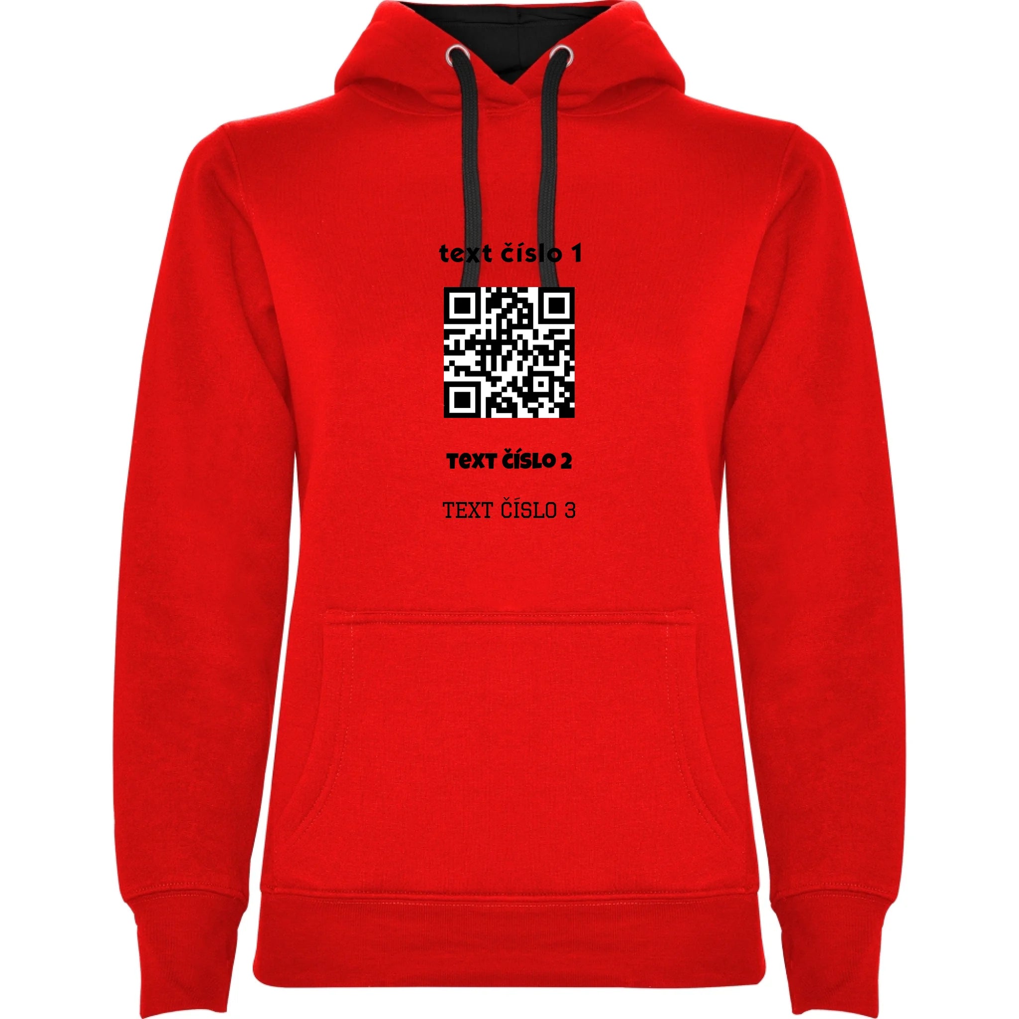 DÁMSKÁ MIKINA S KAPUCÍ s motivem QR KÓD (vložíte url adresu, můžete vložit vlastní texty) potisk jen dopředu dámská mikina urban Červená černá