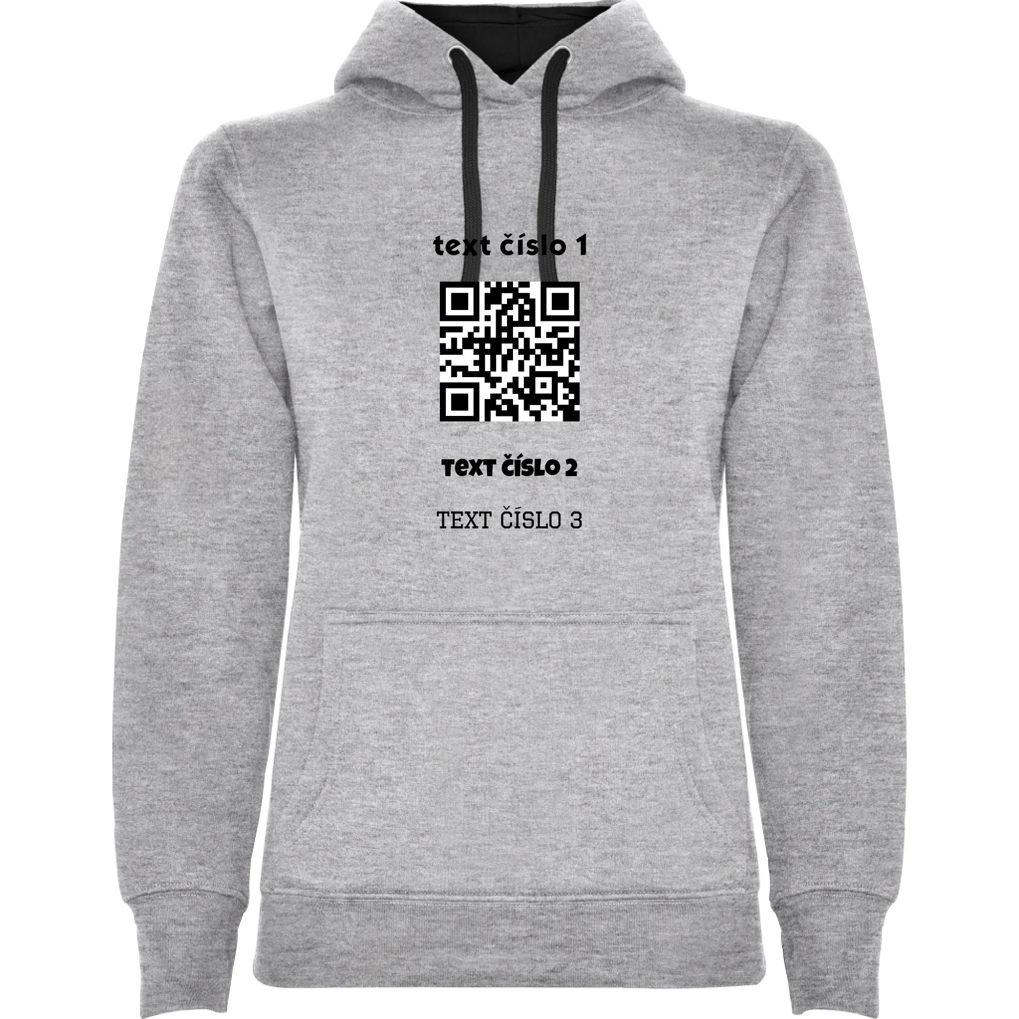DÁMSKÁ MIKINA S KAPUCÍ s motivem QR KÓD (vložíte url adresu, můžete vložit vlastní texty) potisk jen dopředu dámská mikina urban Melír černá