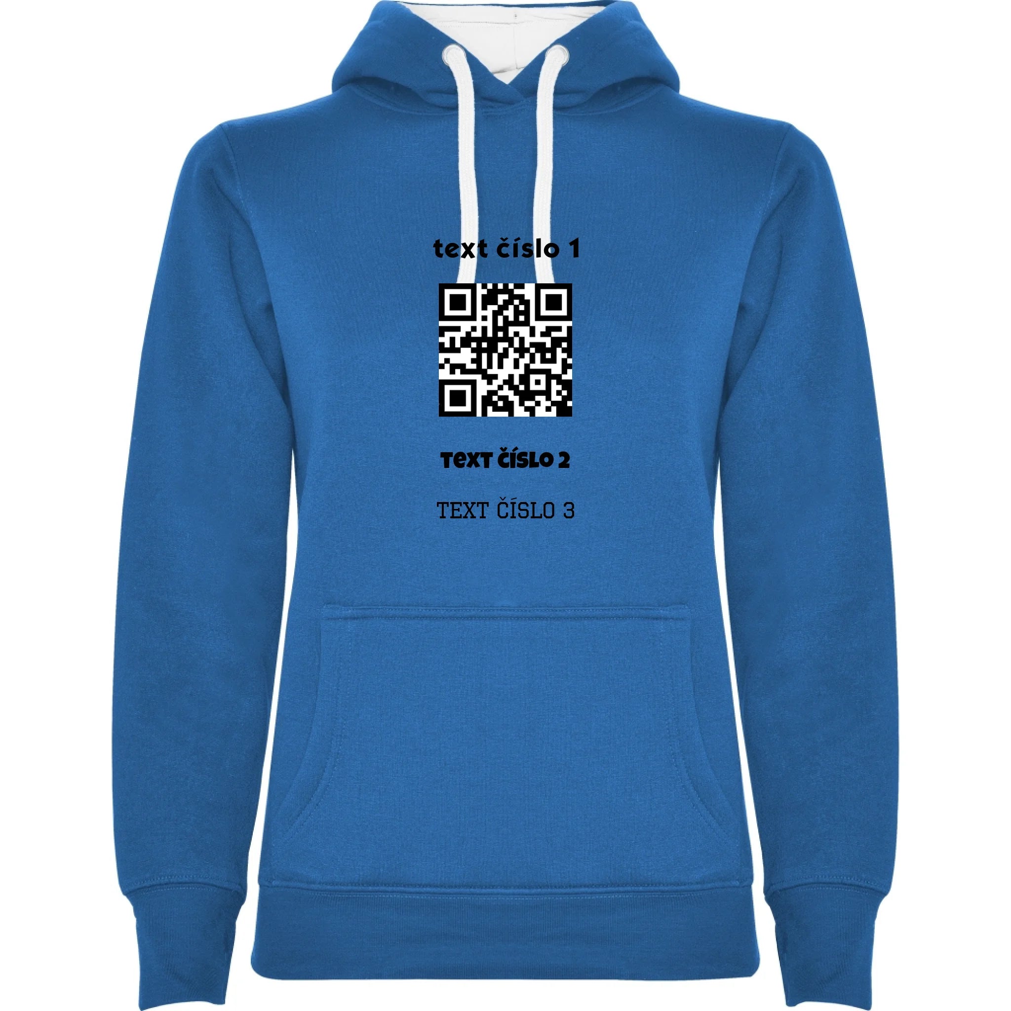 DÁMSKÁ MIKINA S KAPUCÍ s motivem QR KÓD (vložíte url adresu, můžete vložit vlastní texty) potisk jen dopředu dámská mikina urban Modrá bílá